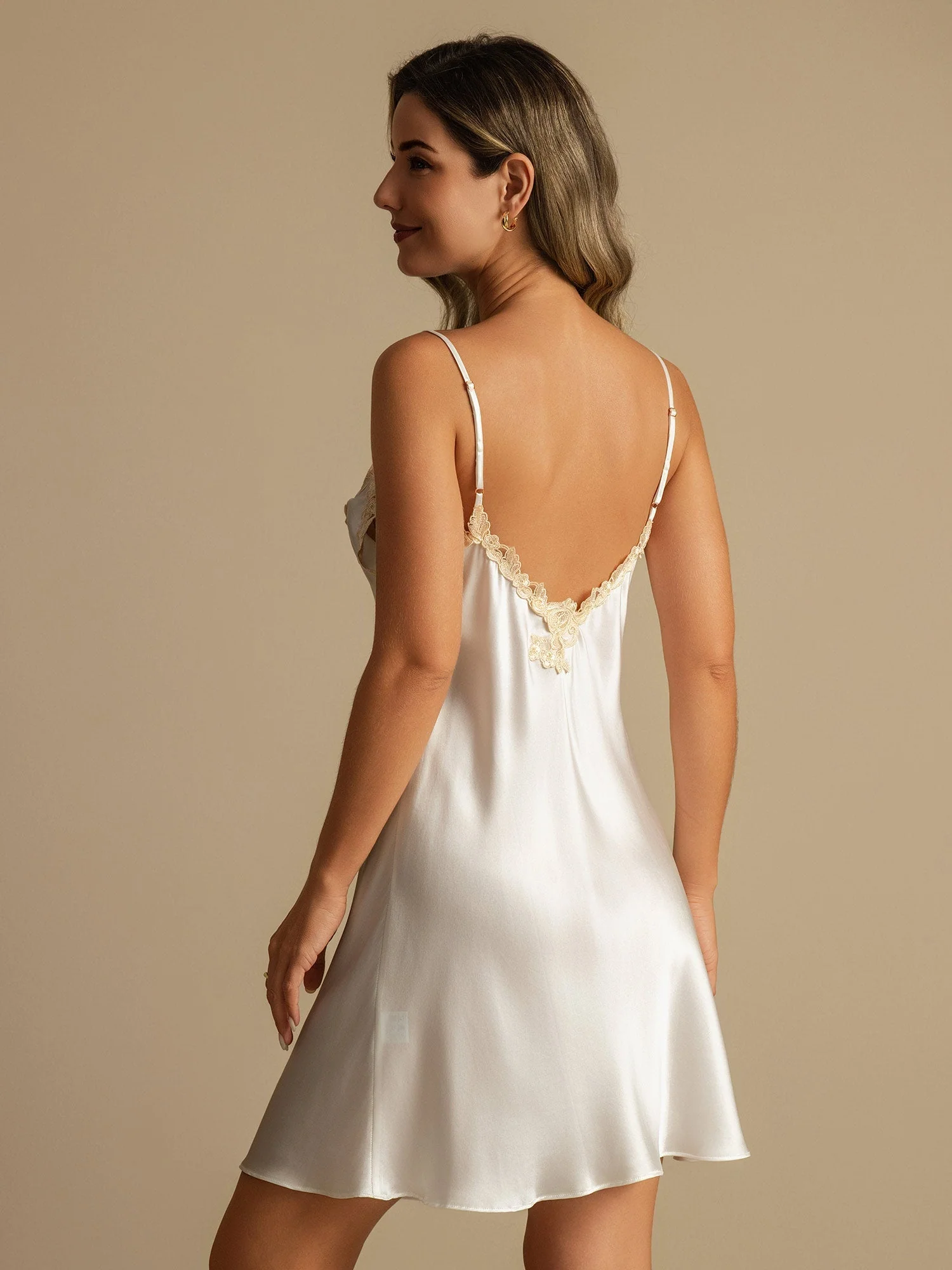 Pure Silk Spaghetti Strap Mini Nightdress with Lace V-Back Design - Image 30