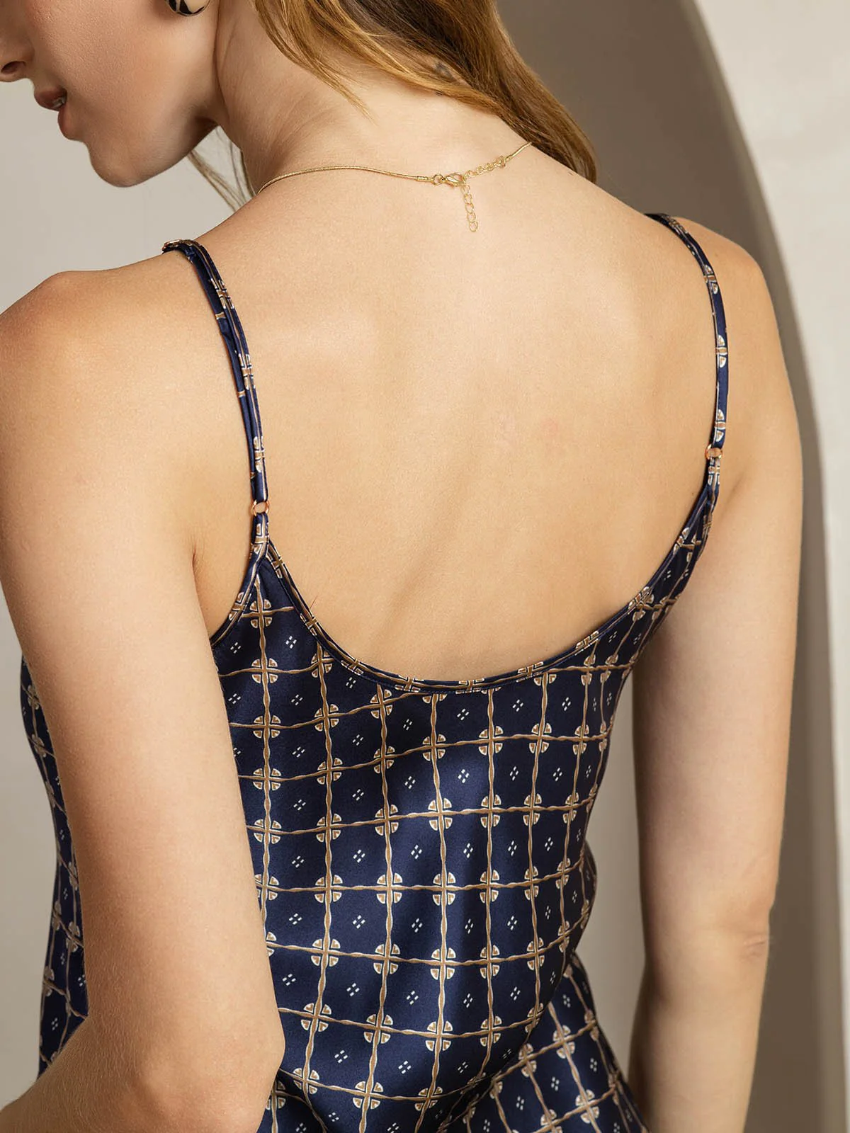 Clearance(Ships to UK Only) - 19Momme Silk Navy Chain Print V Neck Adjustable Strap Midi Dress - Image 6