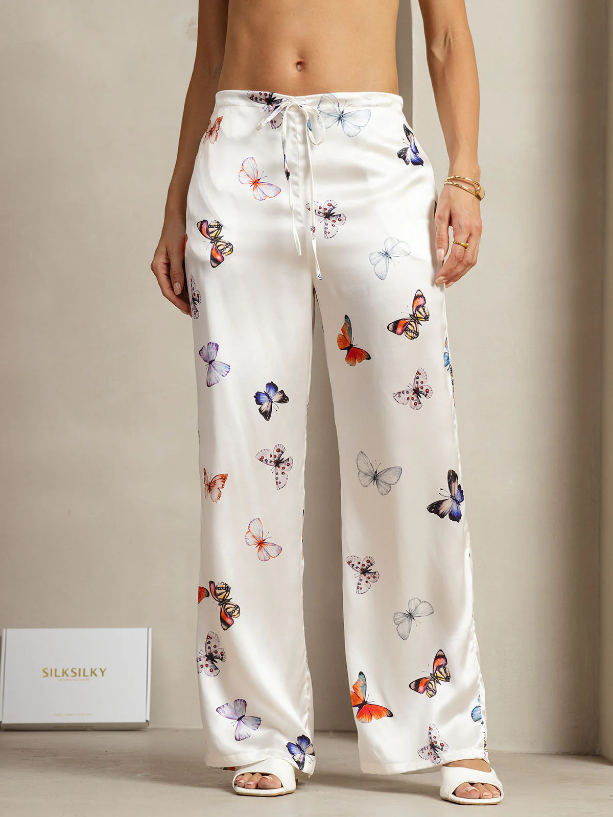 19Momme Silk White Butterfly Print Wide Leg Women's Pants With Side Pockets Design