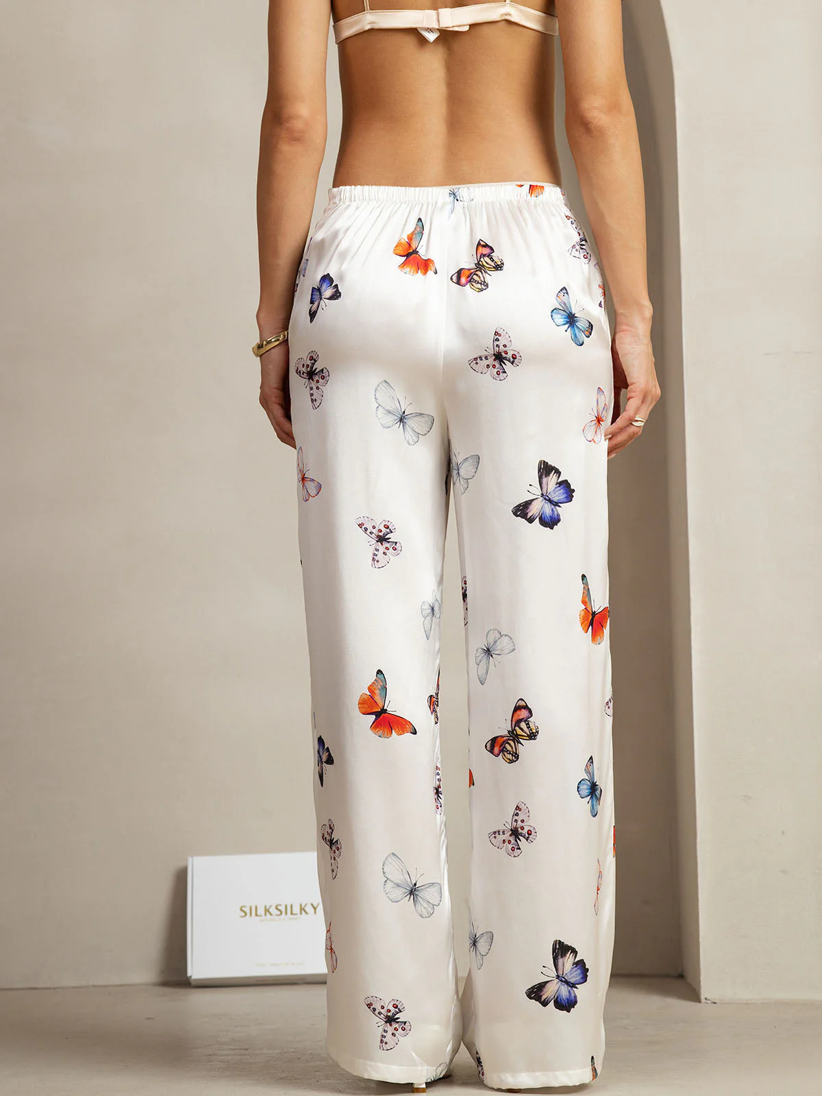 19Momme Silk White Butterfly Print Wide Leg Women's Pants With Side Pockets Design - Image 2