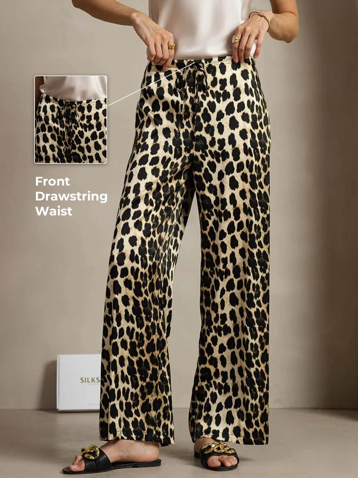 19Momme Silk Leopard Print Wide Leg Women's Pants With Side Pockets Design - Image 2