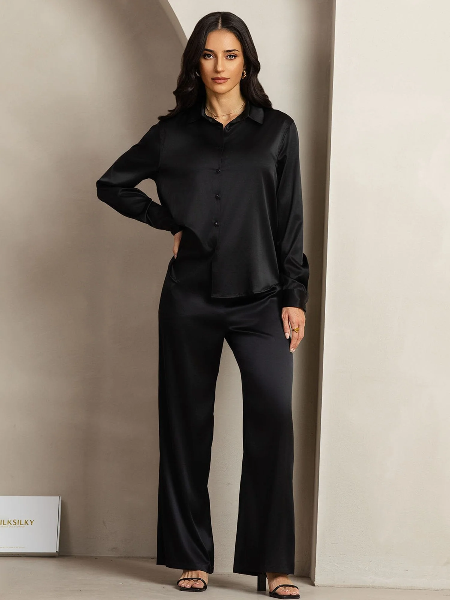 19Momme Silk Button-Up Shirt & Wide-Leg Pants Set - Image 4