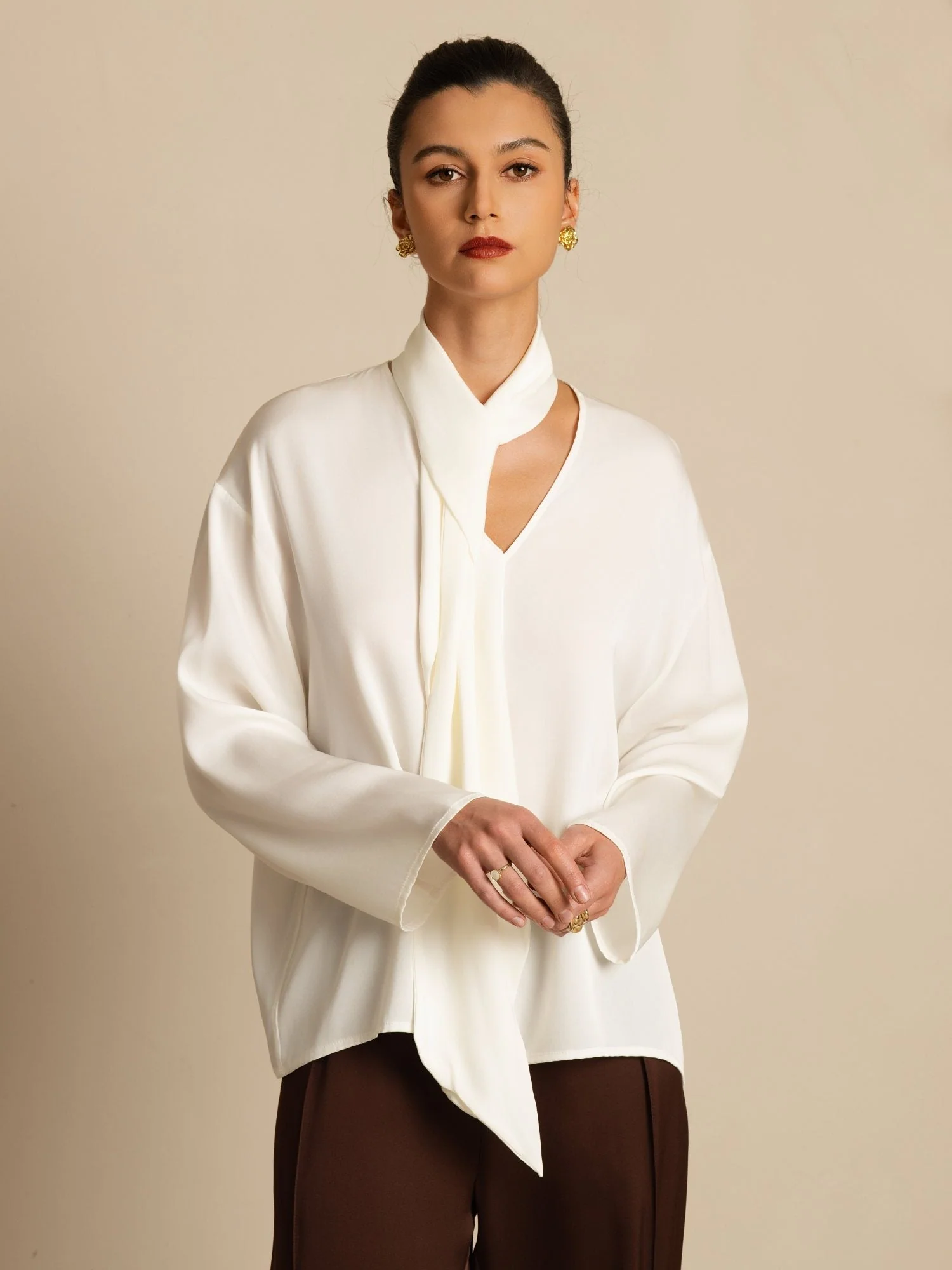 19Momme Silk Women's Asymmetrical Tie V Neck Blouse - Image 12