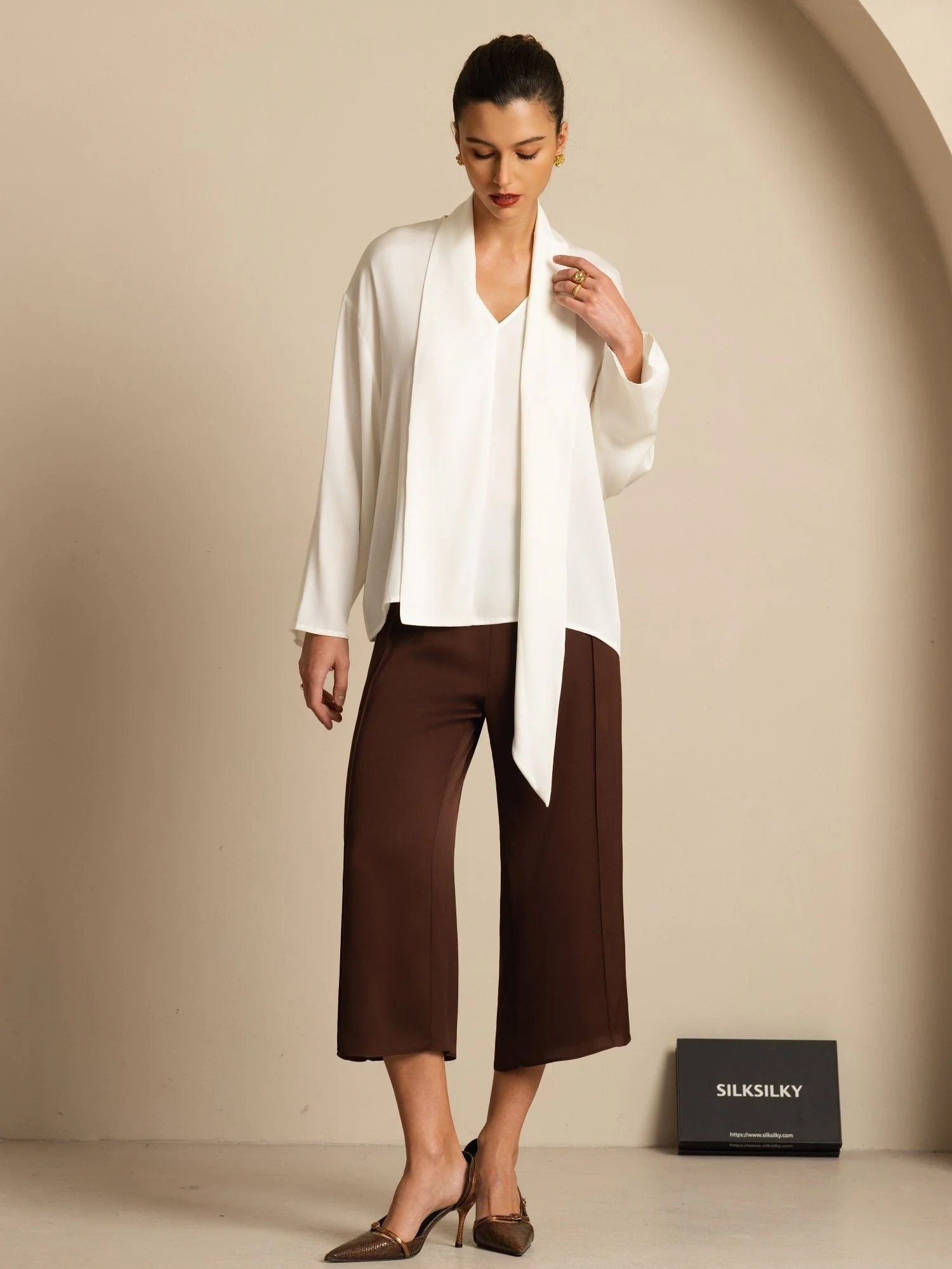19Momme Silk Women's Asymmetrical Tie V Neck Blouse - Image 15