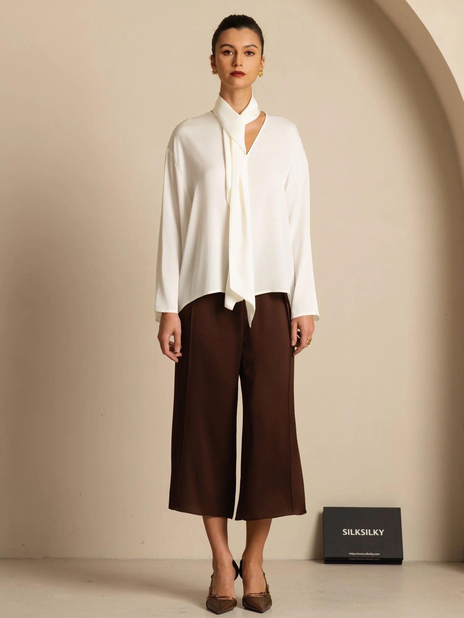 19Momme Silk Women's Asymmetrical Tie V Neck Blouse - Image 16