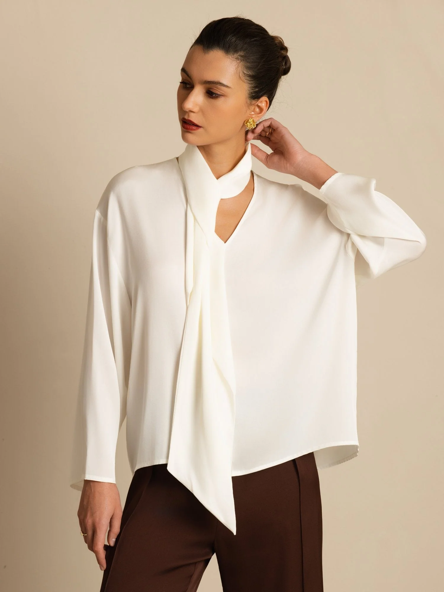 19Momme Silk Women's Asymmetrical Tie V Neck Blouse - Image 9