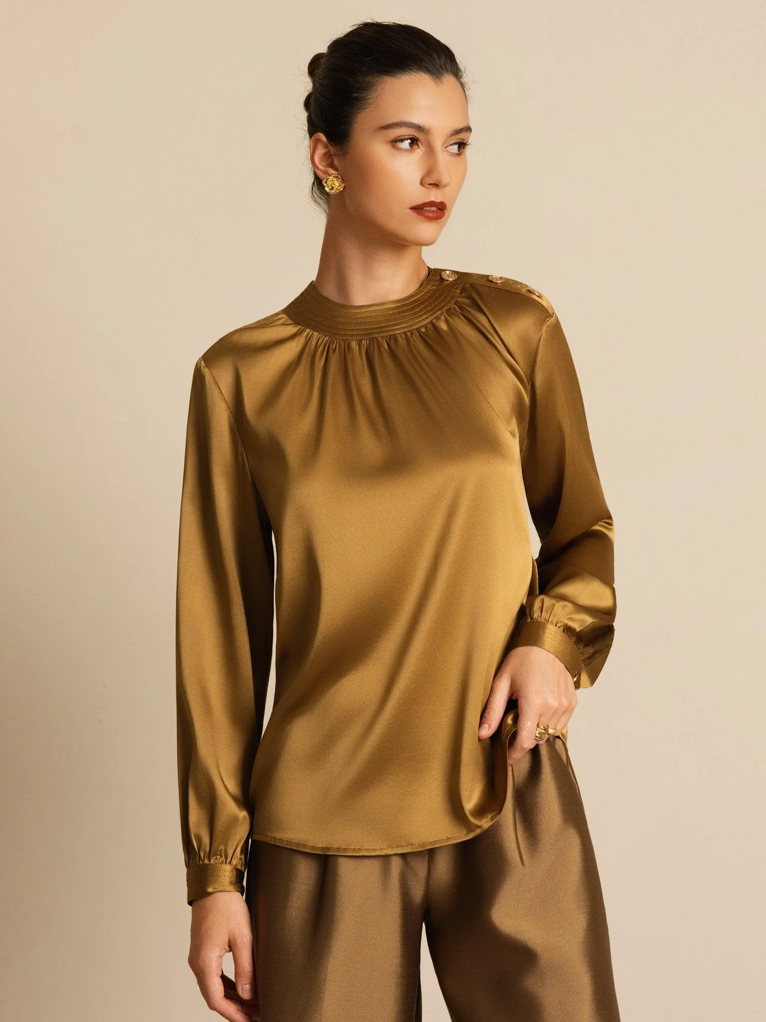 19Momme Silk Women’s Gathered Neck Long Sleeve Blouse - Image 16