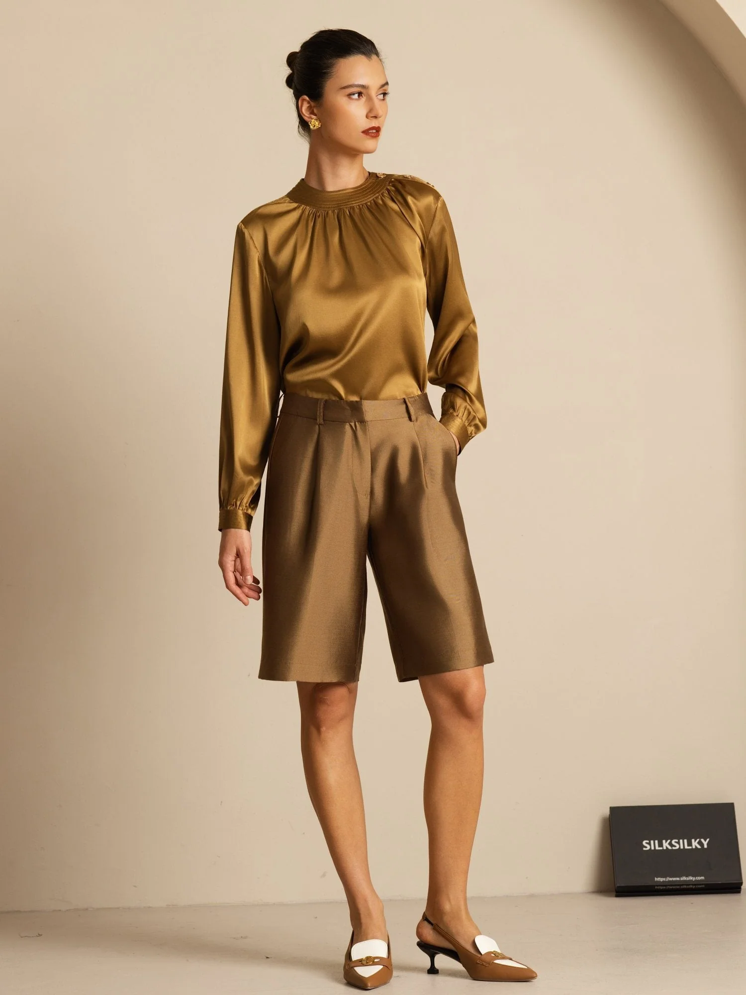 19Momme Silk Women’s Gathered Neck Long Sleeve Blouse - Image 22