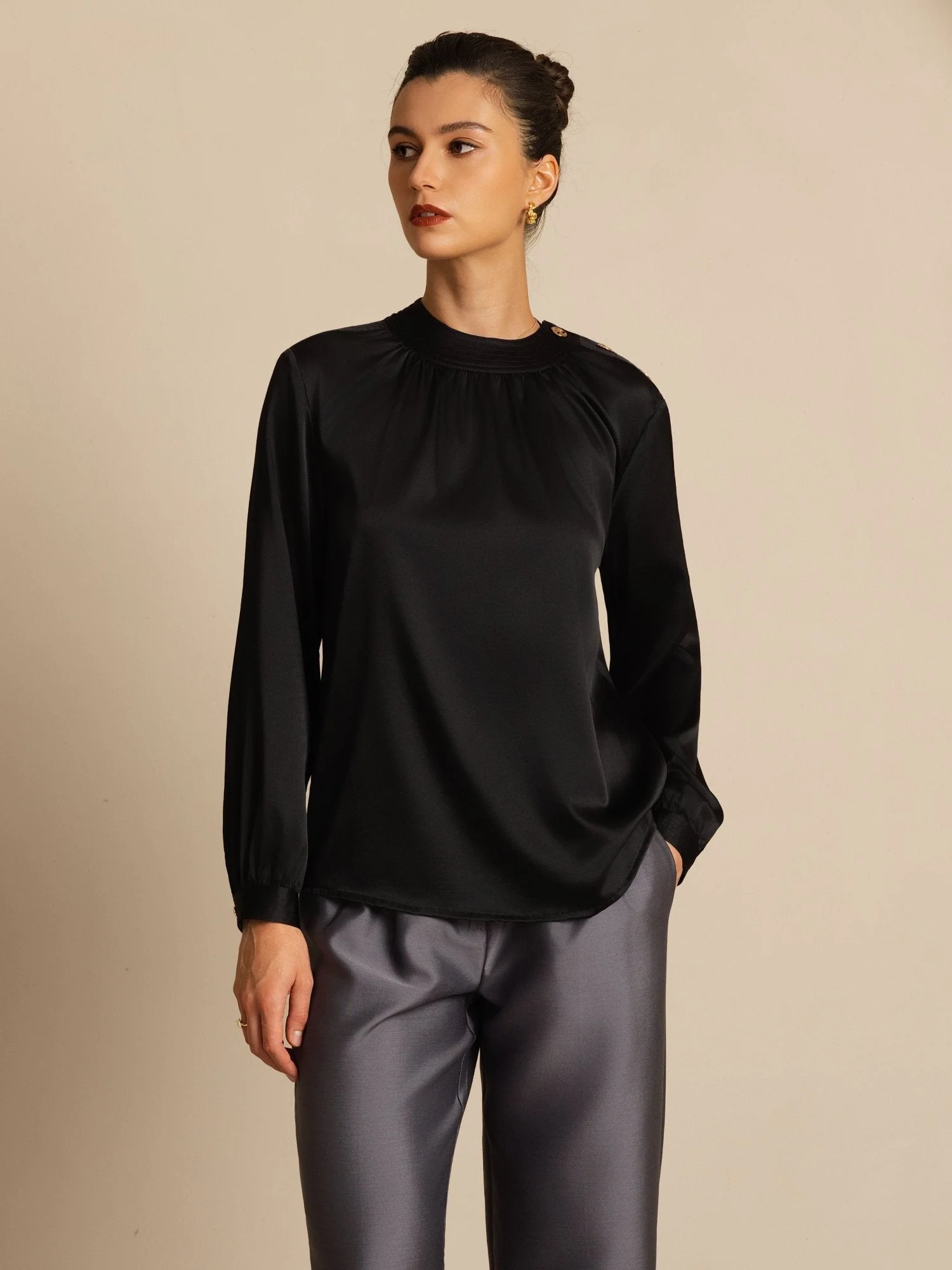 19Momme Silk Women’s Gathered Neck Long Sleeve Blouse - Image 26