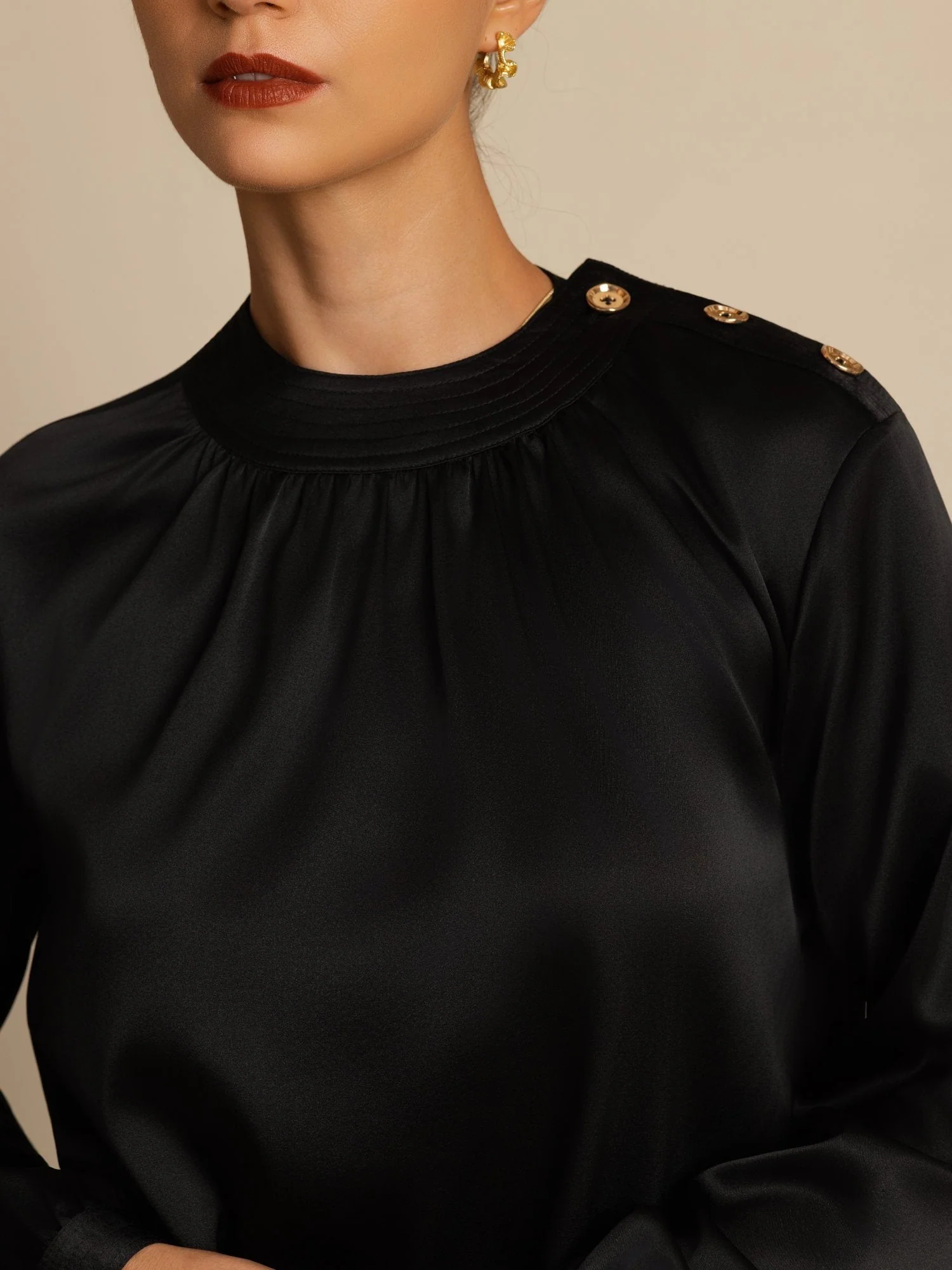 19Momme Silk Women’s Gathered Neck Long Sleeve Blouse - Image 27