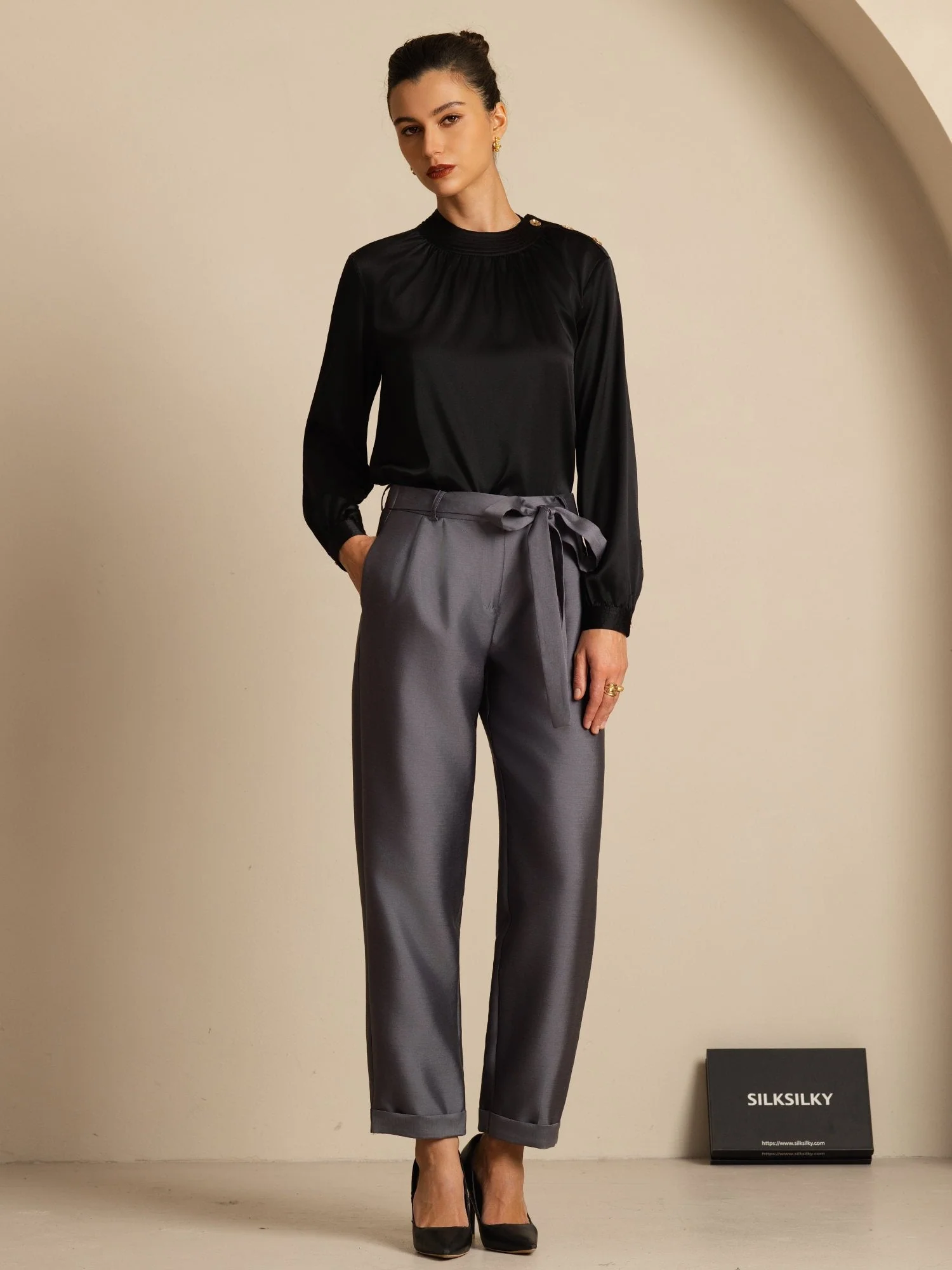 19Momme Silk Women’s Gathered Neck Long Sleeve Blouse - Image 28