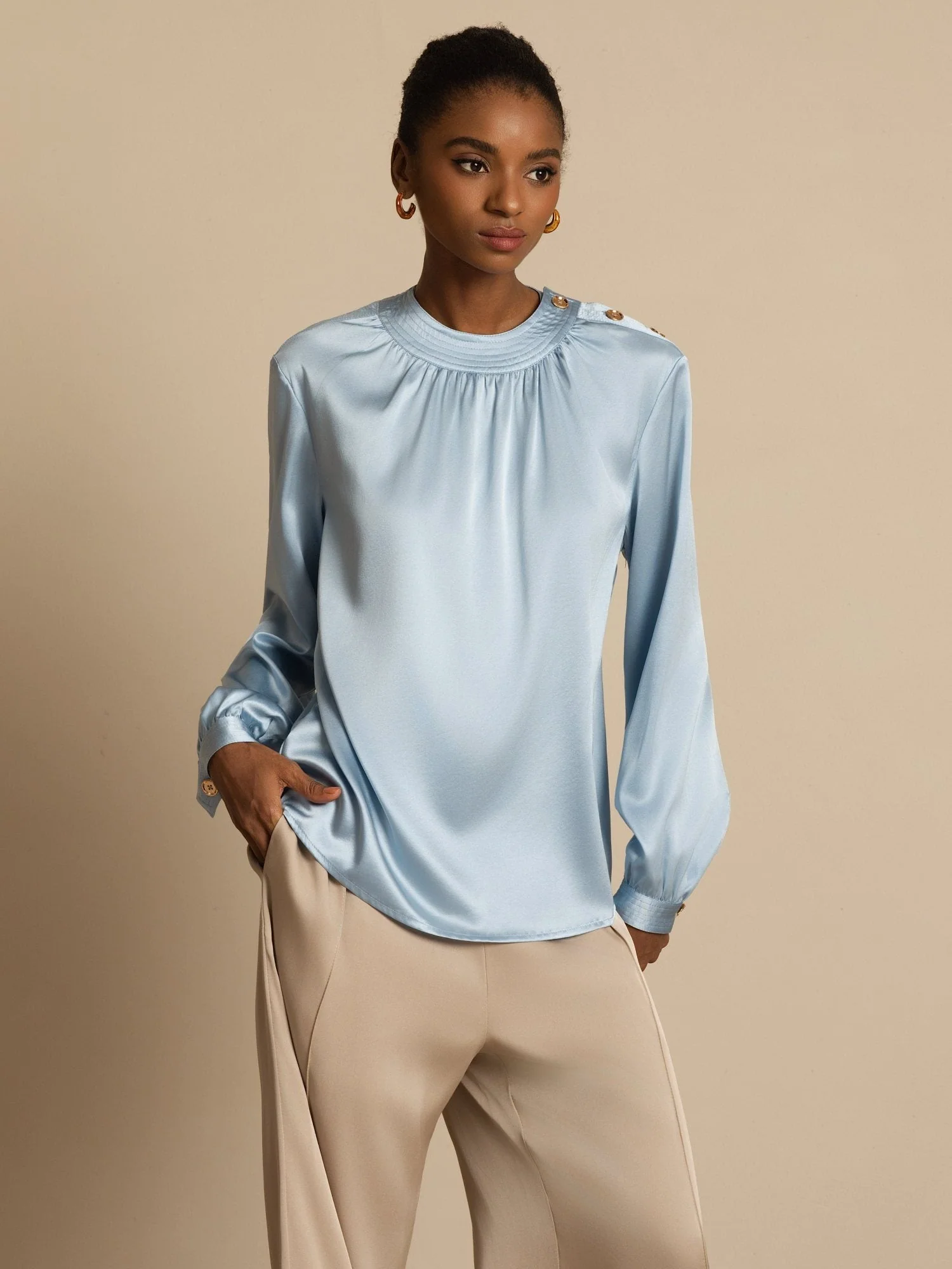 19Momme Silk Women’s Gathered Neck Long Sleeve Blouse - Image 3