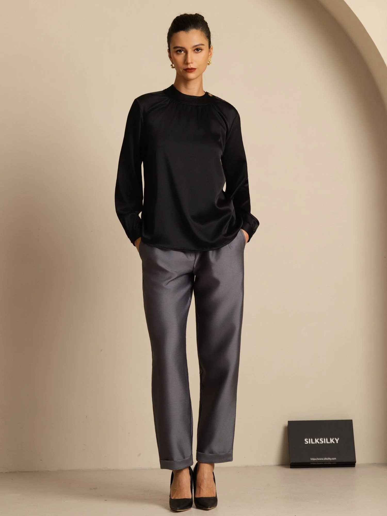 19Momme Silk Women’s Gathered Neck Long Sleeve Blouse - Image 30