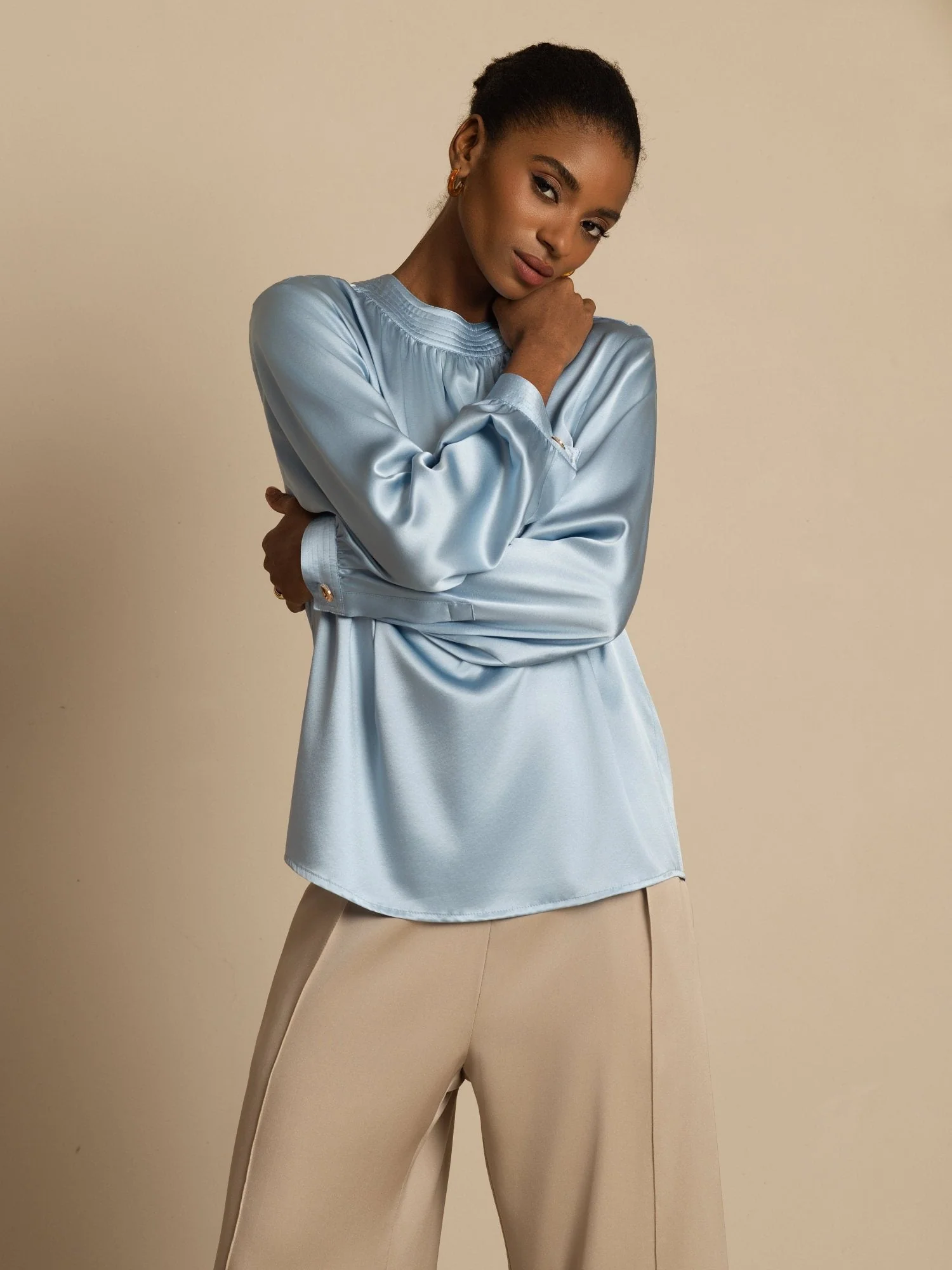 19Momme Silk Women’s Gathered Neck Long Sleeve Blouse - Image 5