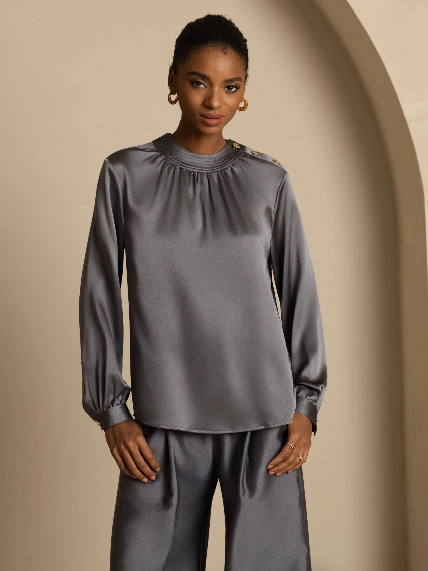 19Momme Silk Women’s Gathered Neck Long Sleeve Blouse - Image 8