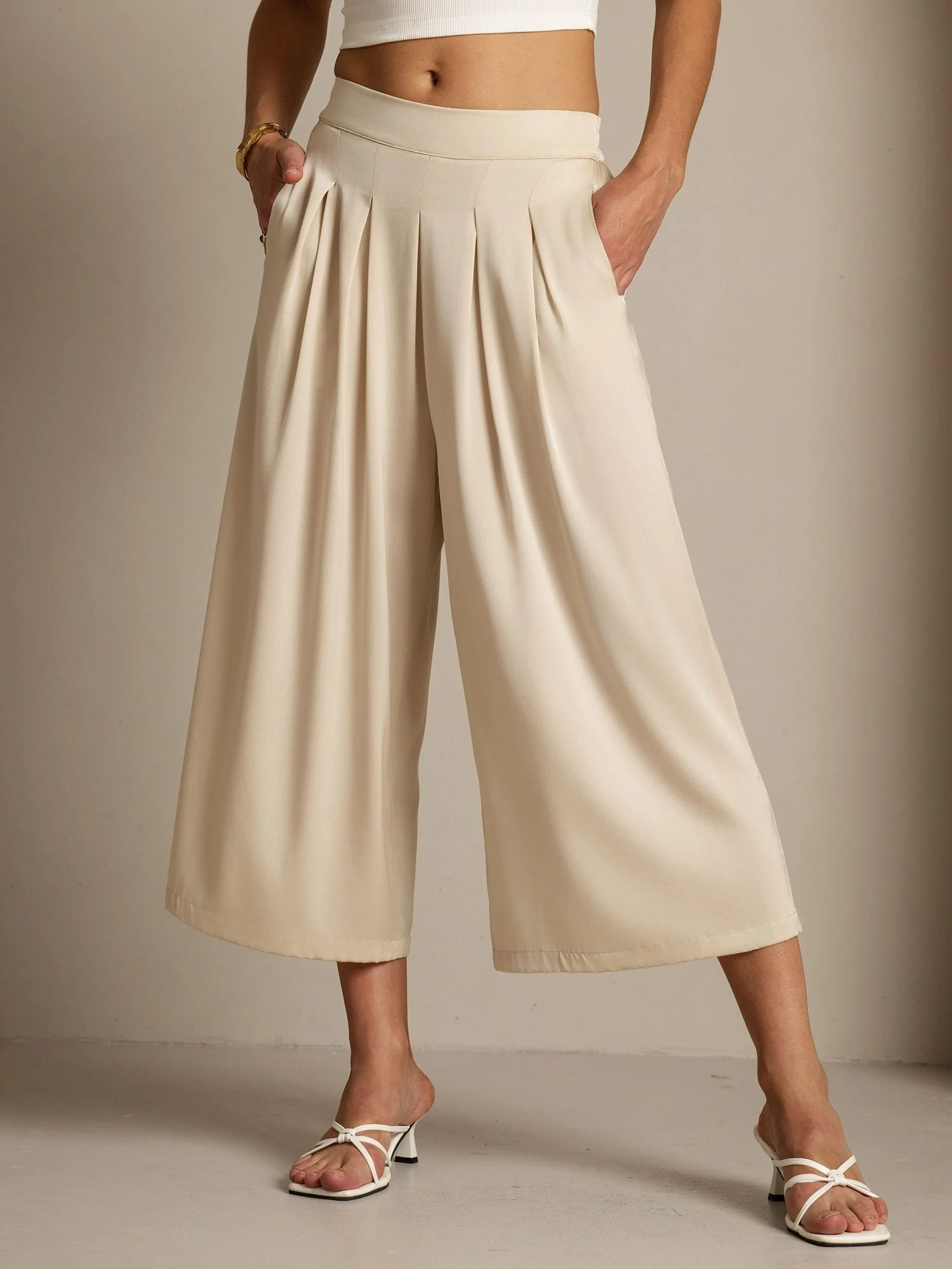 19Momme Silk Women's High Waist Pleated Wide Leg Capri Pants - Image 8