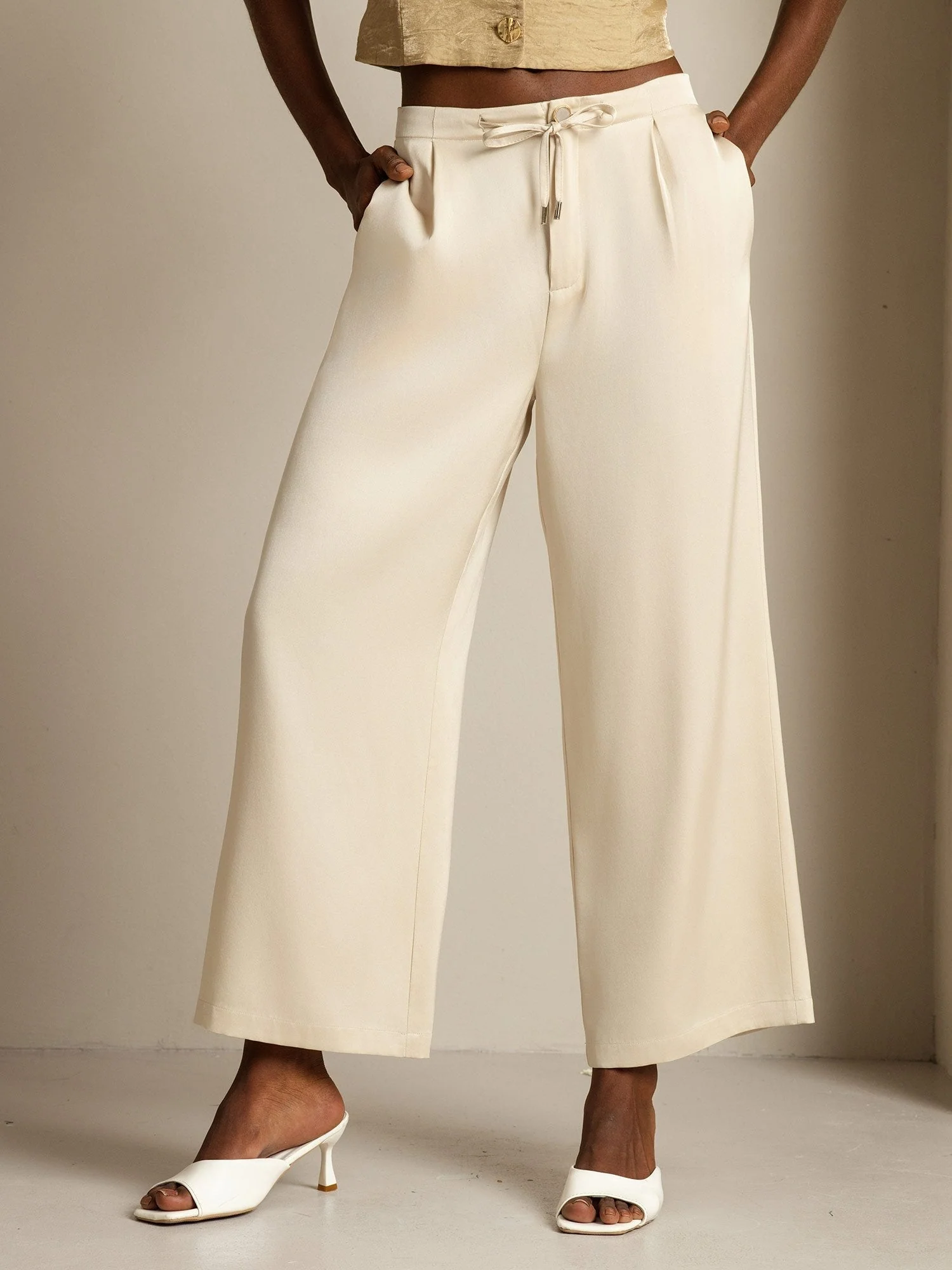 19Momme Silk Women's High Waist Wide Leg Drawstring Pants with Pockets