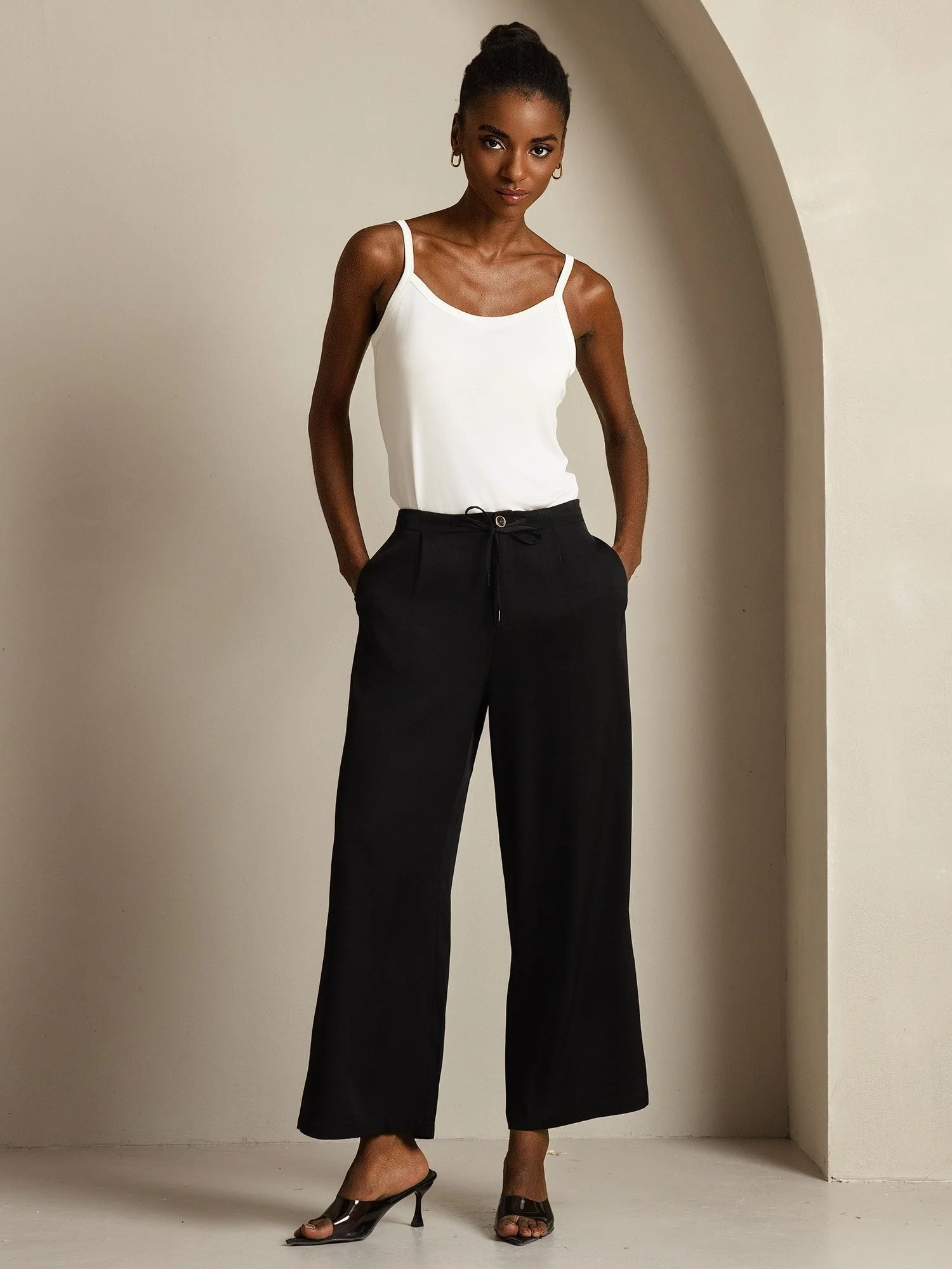 19Momme Silk Women's High Waist Wide Leg Drawstring Pants with Pockets - Image 15