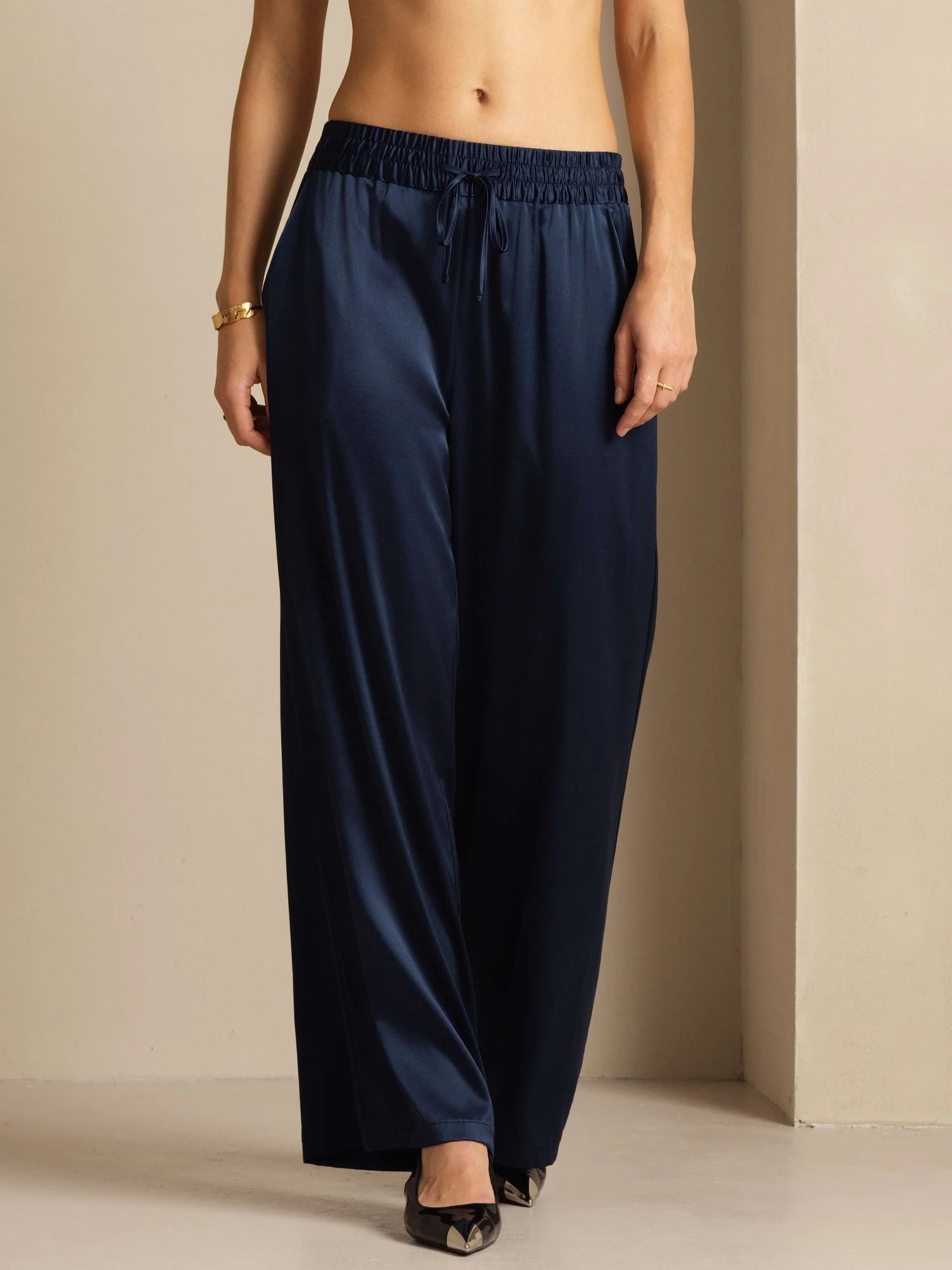 19Momme Silk Women’s High-Waist Wide Leg Pants with Shirred Drawstring Waist - Image 17