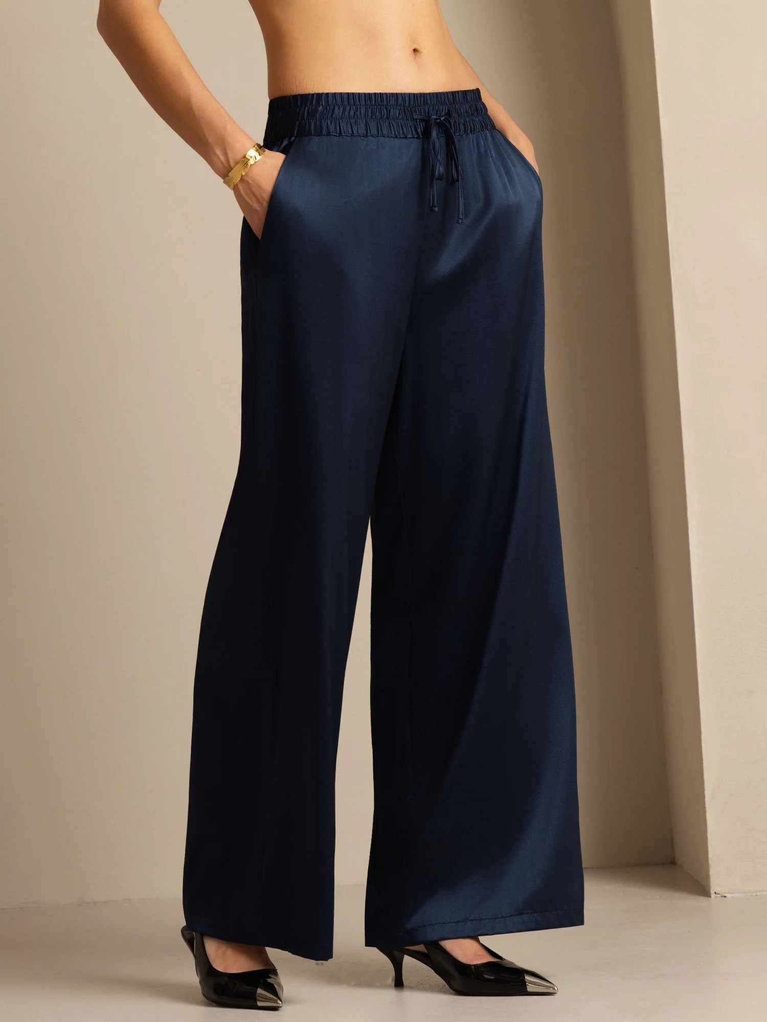 19Momme Silk Women’s High-Waist Wide Leg Pants with Shirred Drawstring Waist - Image 18