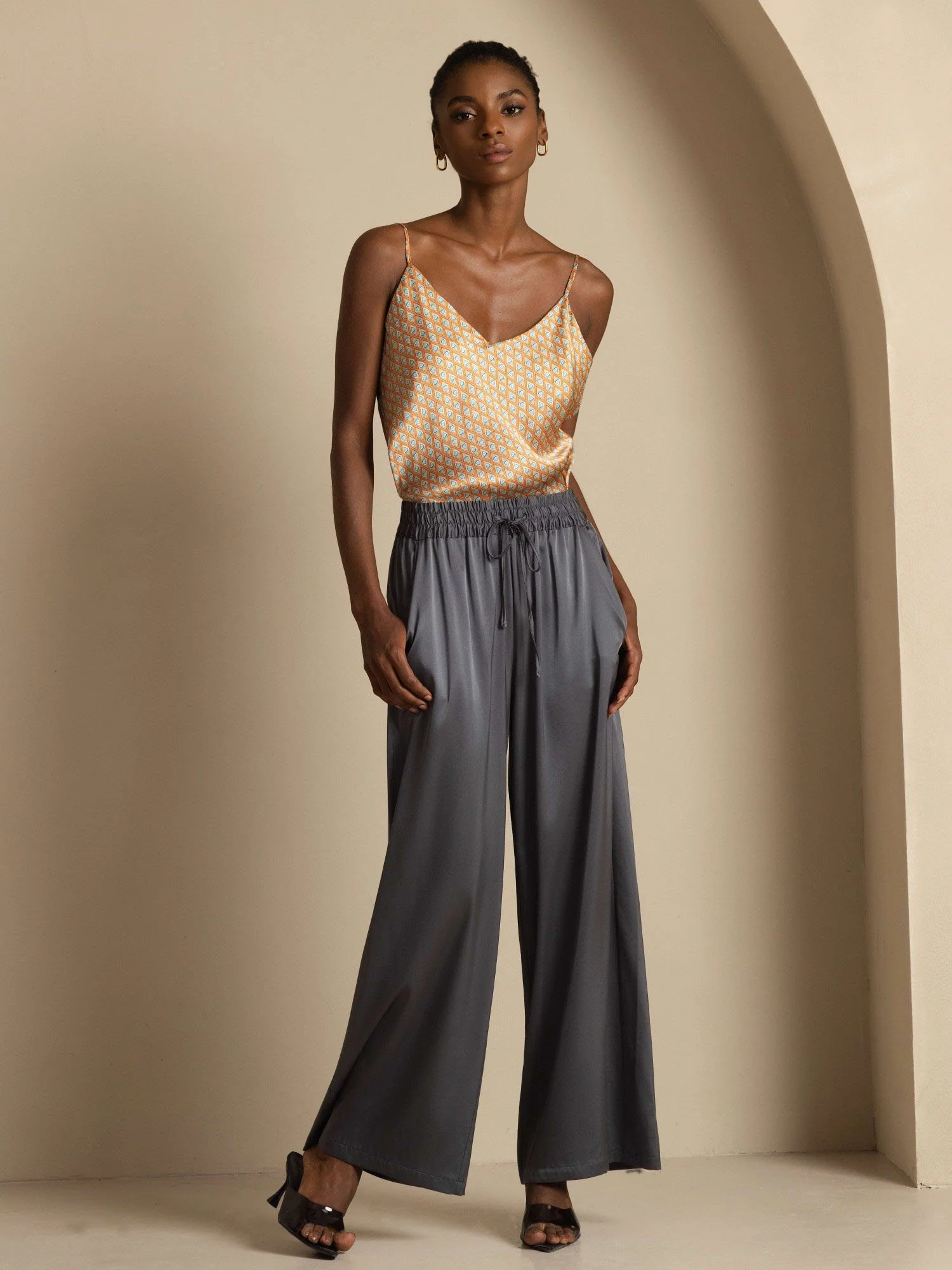 19Momme Silk Women’s High-Waist Wide Leg Pants with Shirred Drawstring Waist - Image 6
