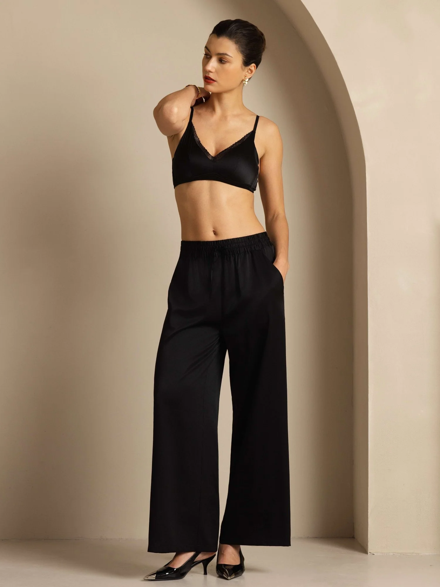 19Momme Silk Women’s High-Waist Wide Leg Pants with Shirred Drawstring Waist - Image 8