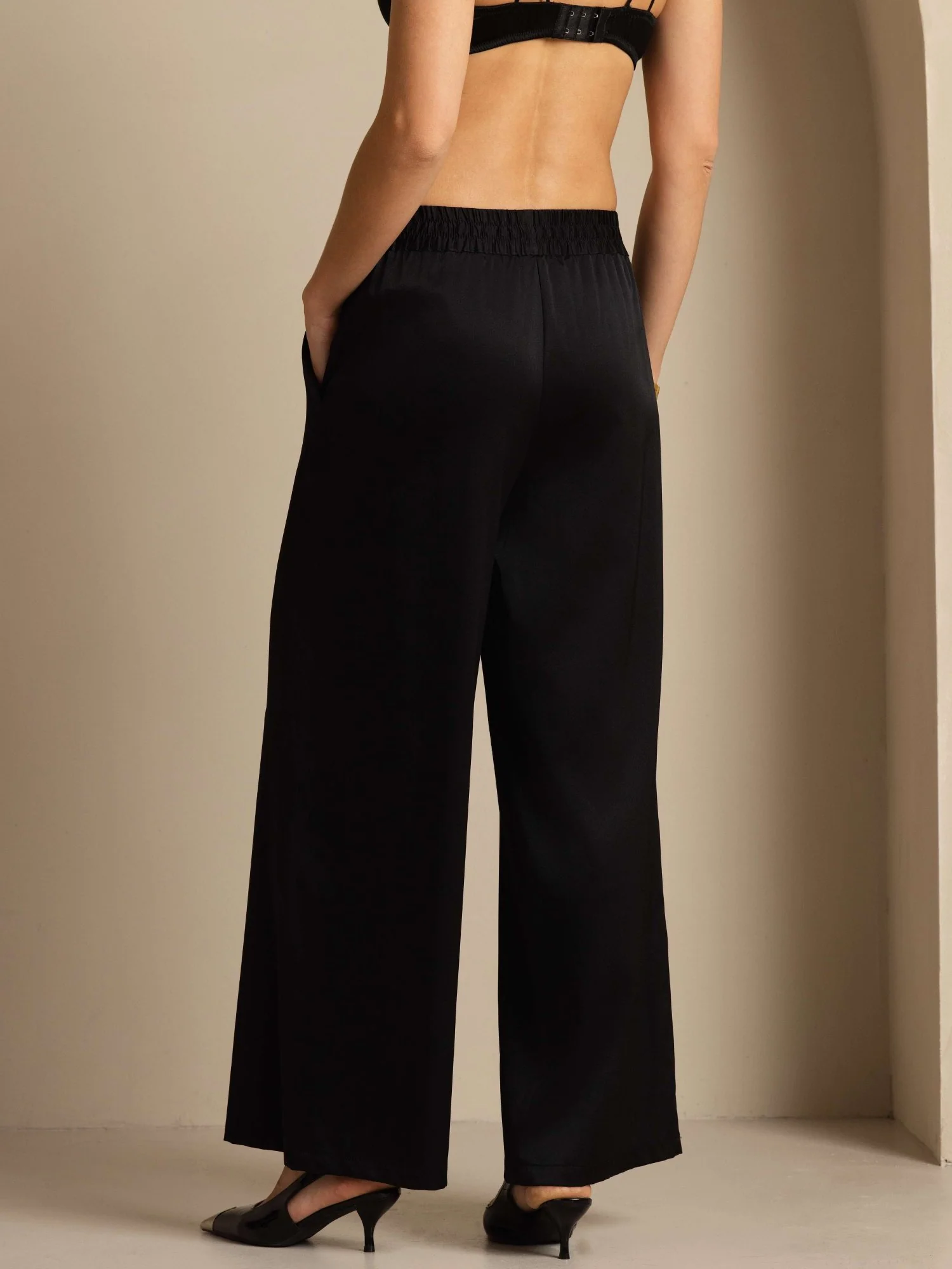 19Momme Silk Women’s High-Waist Wide Leg Pants with Shirred Drawstring Waist - Image 9