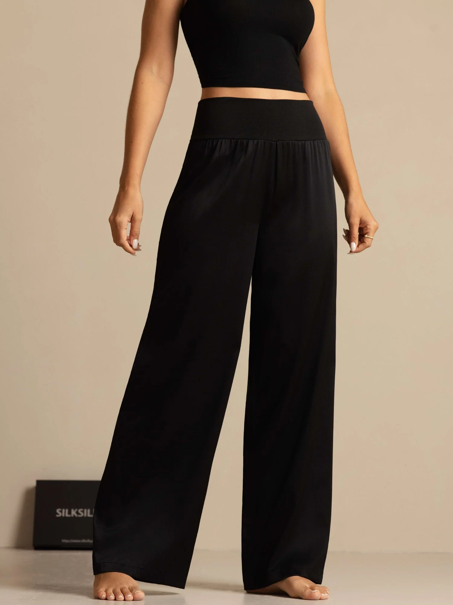 19Momme Silk Women's High-Waist Wide Leg Pants with Wide Stretch Waistband - Image 3