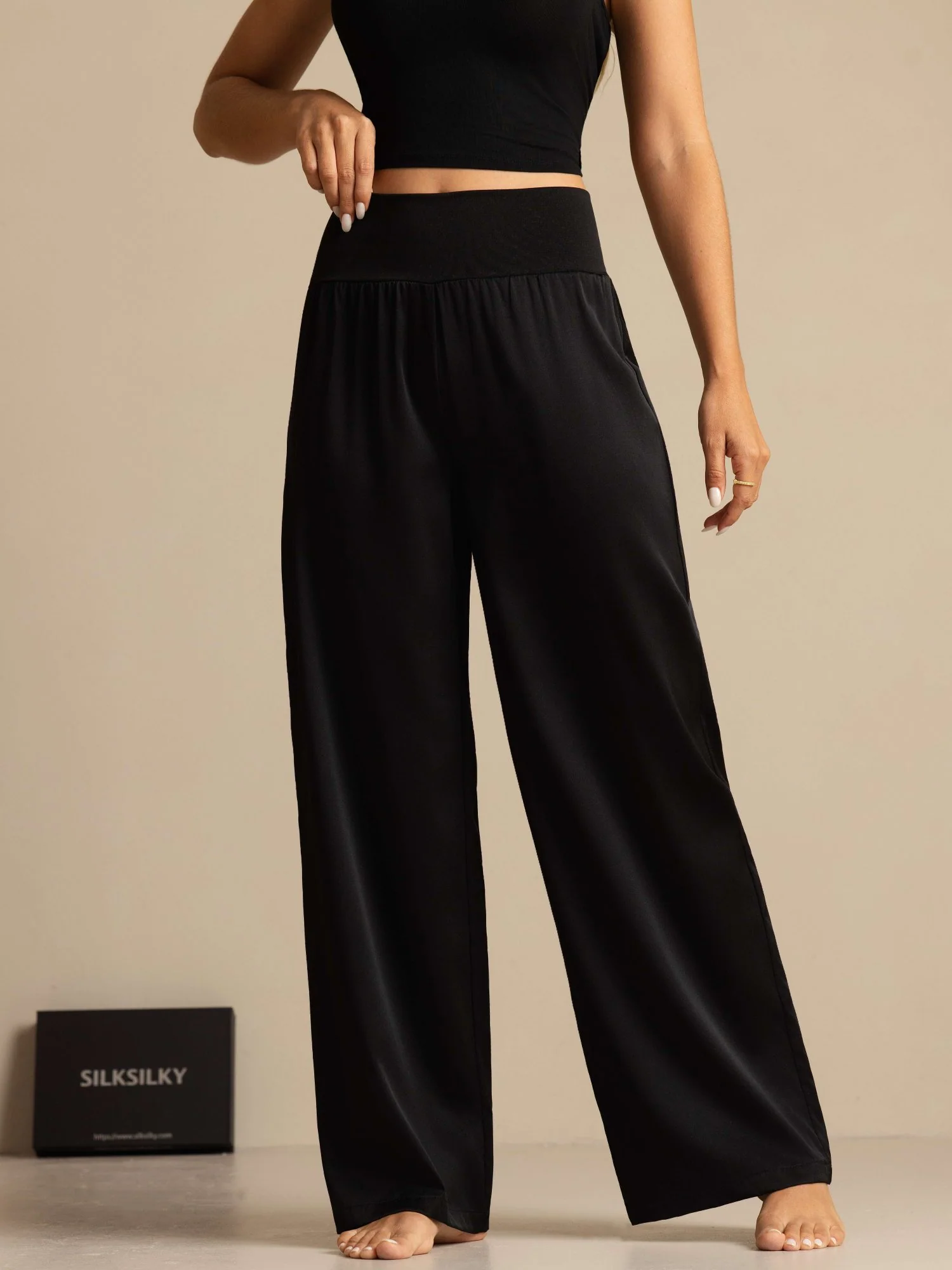 19Momme Silk Women's High-Waist Wide Leg Pants with Wide Stretch Waistband - Image 5
