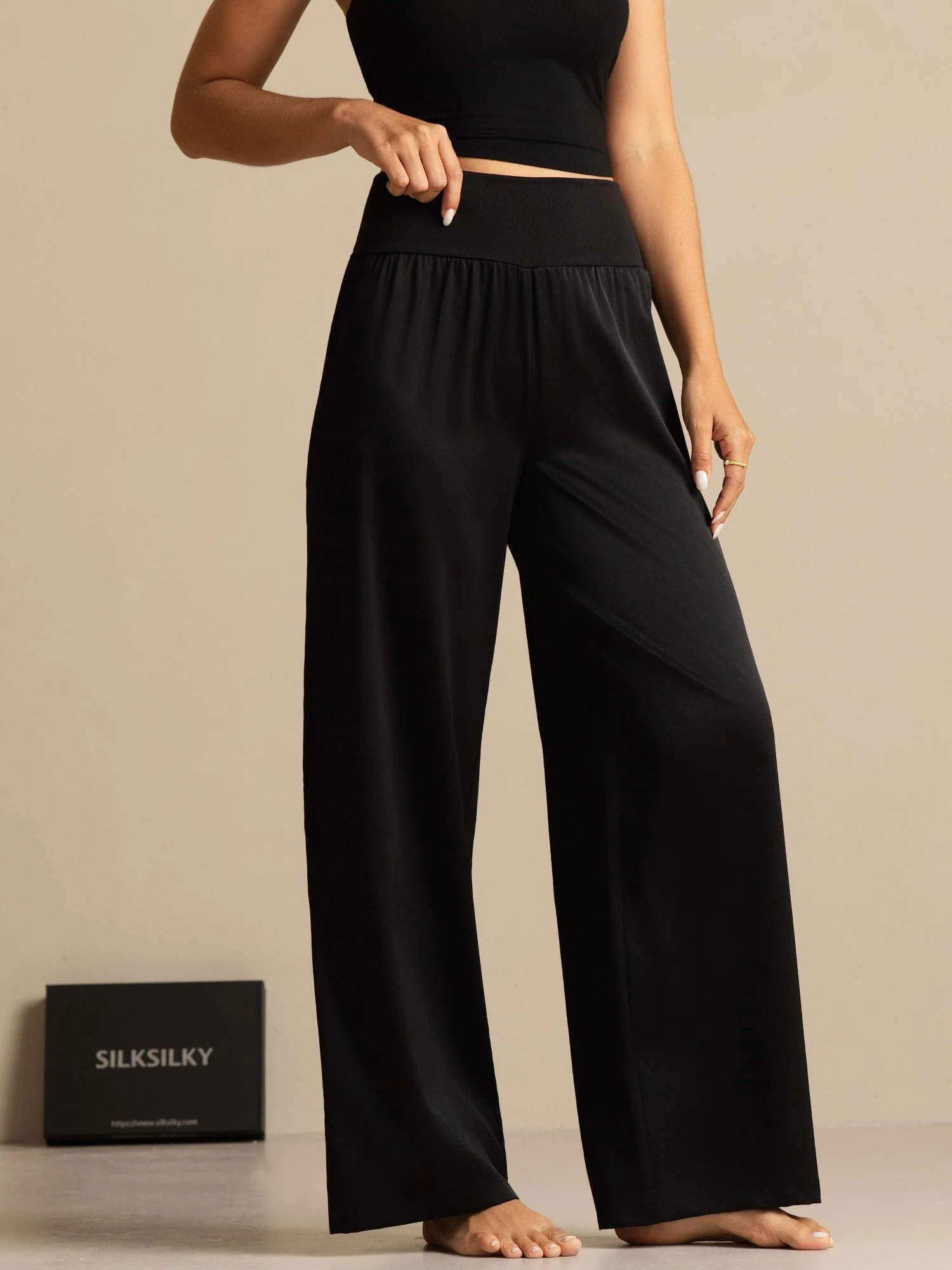 19Momme Silk Women's High-Waist Wide Leg Pants with Wide Stretch Waistband - Image 7
