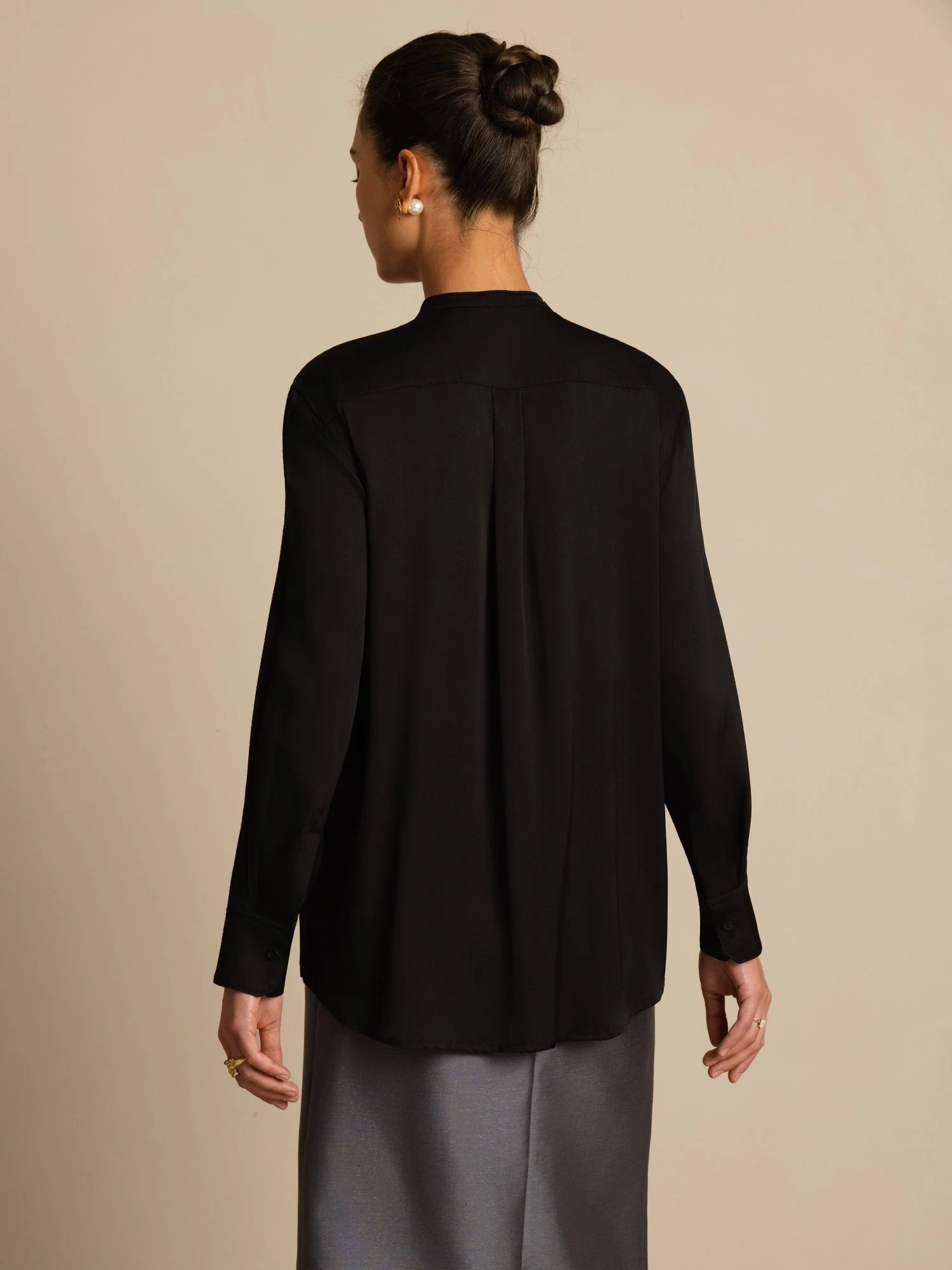 19Momme Silk Women's Long Sleeve Stand Collar Bow Blouse - Image 10