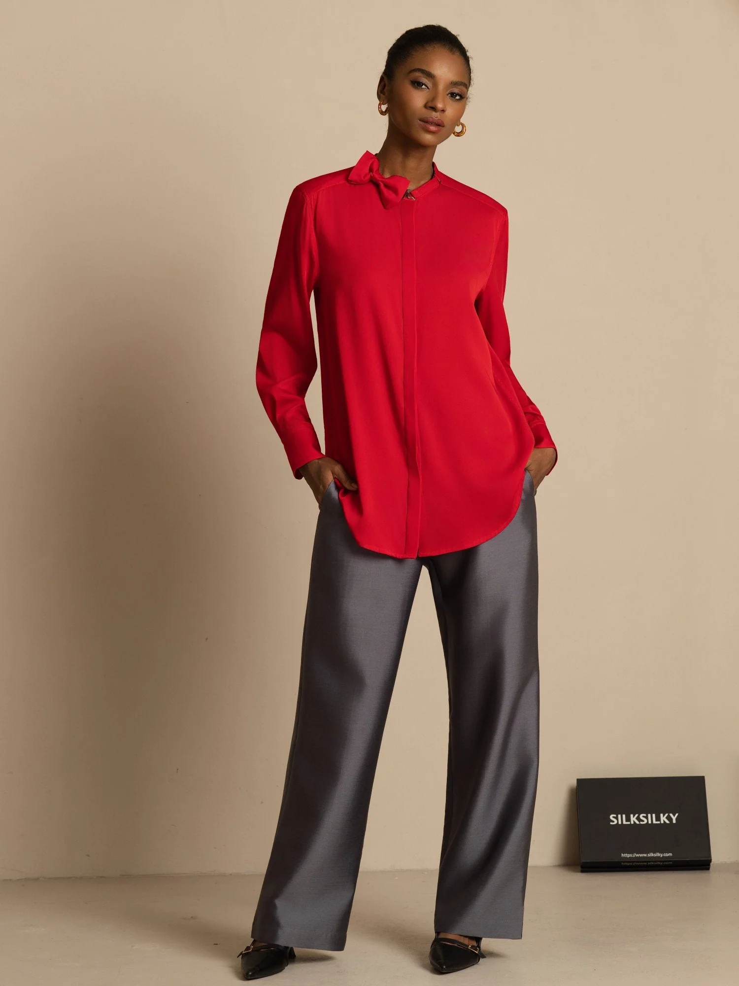 19Momme Silk Women's Long Sleeve Stand Collar Bow Blouse - Image 23