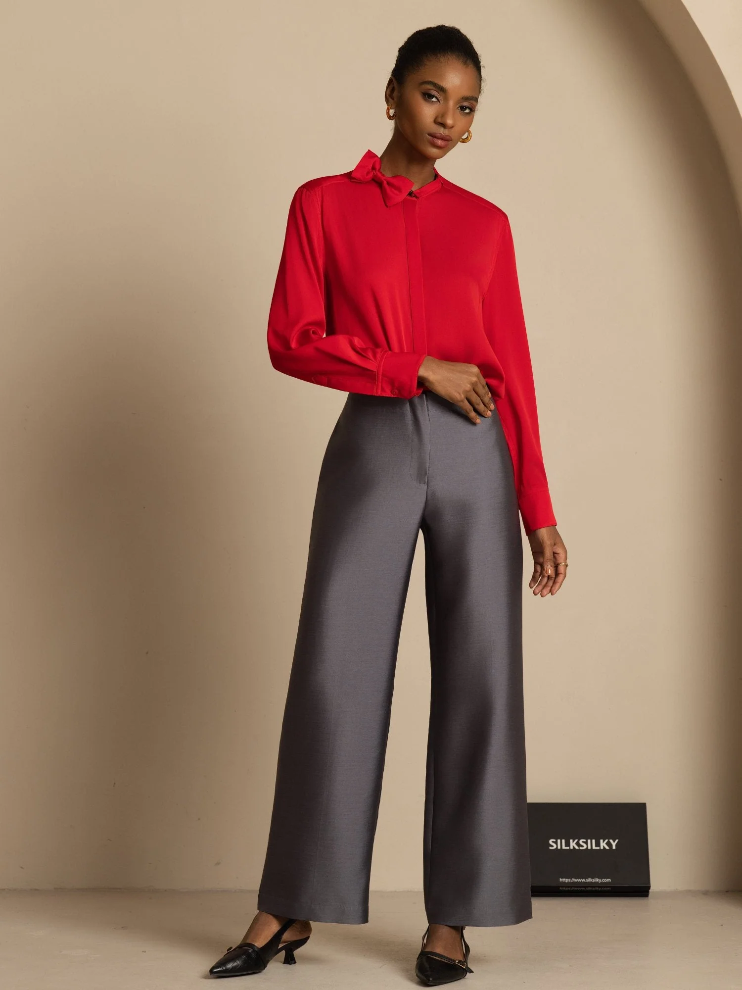 19Momme Silk Women's Long Sleeve Stand Collar Bow Blouse - Image 24