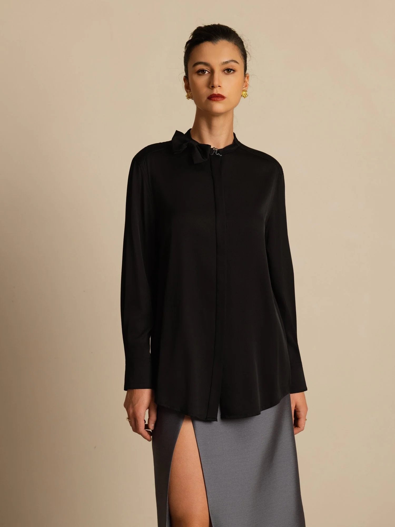 19Momme Silk Women's Long Sleeve Stand Collar Bow Blouse - Image 9