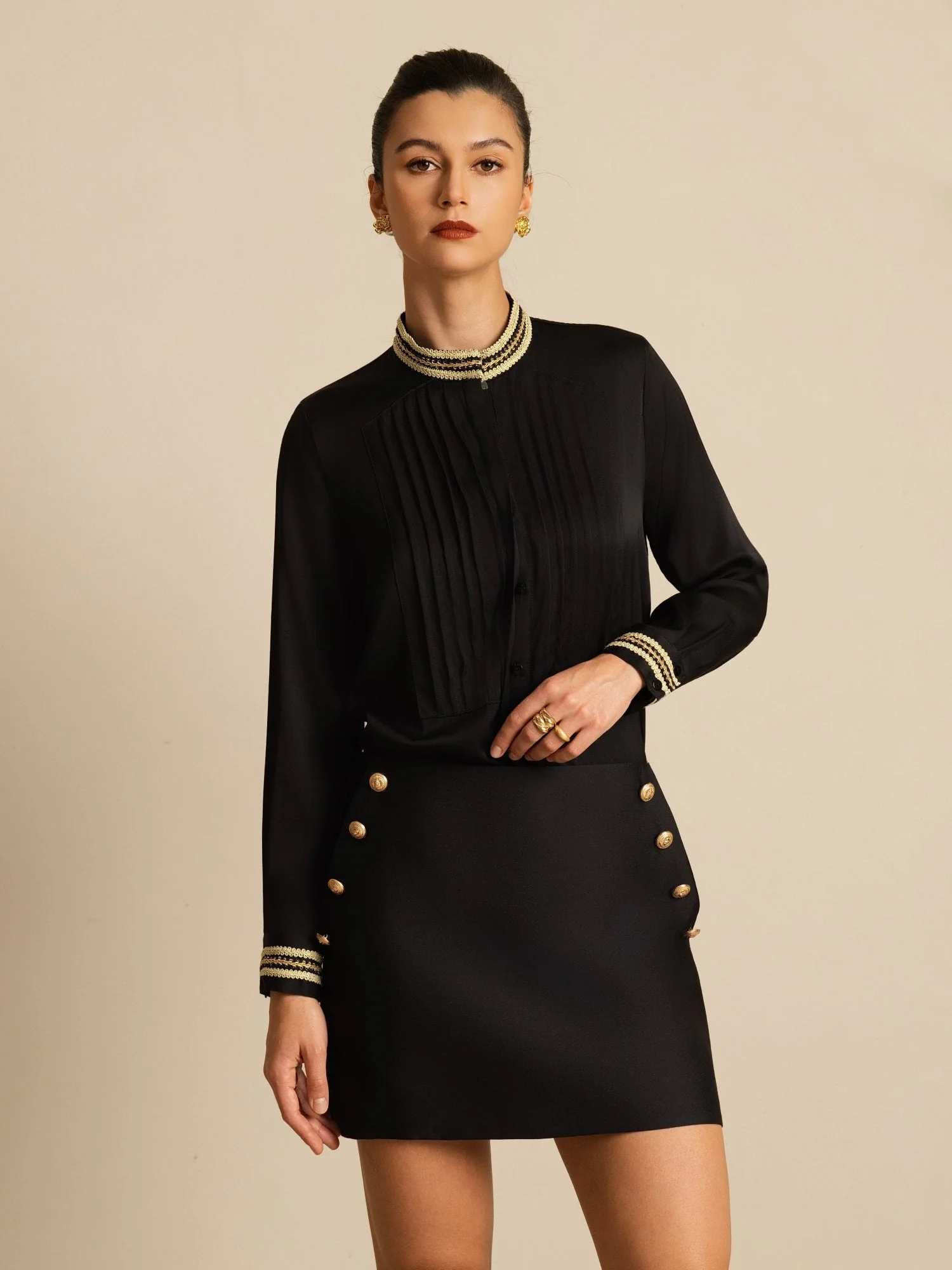 19Momme Silk Women's Pleated Stand Collar Blouse - Image 11