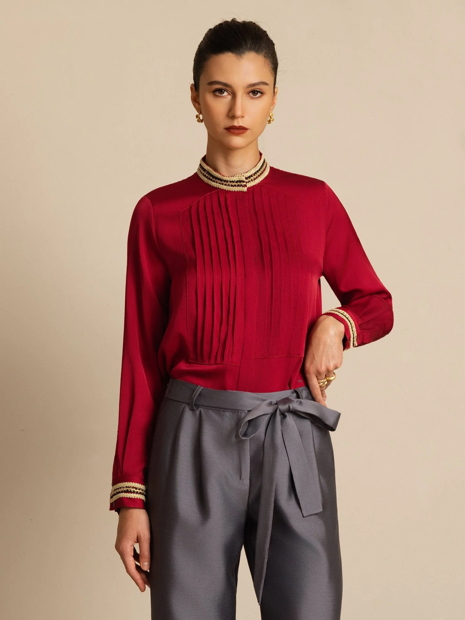 19Momme Silk Women's Pleated Stand Collar Blouse - Image 16