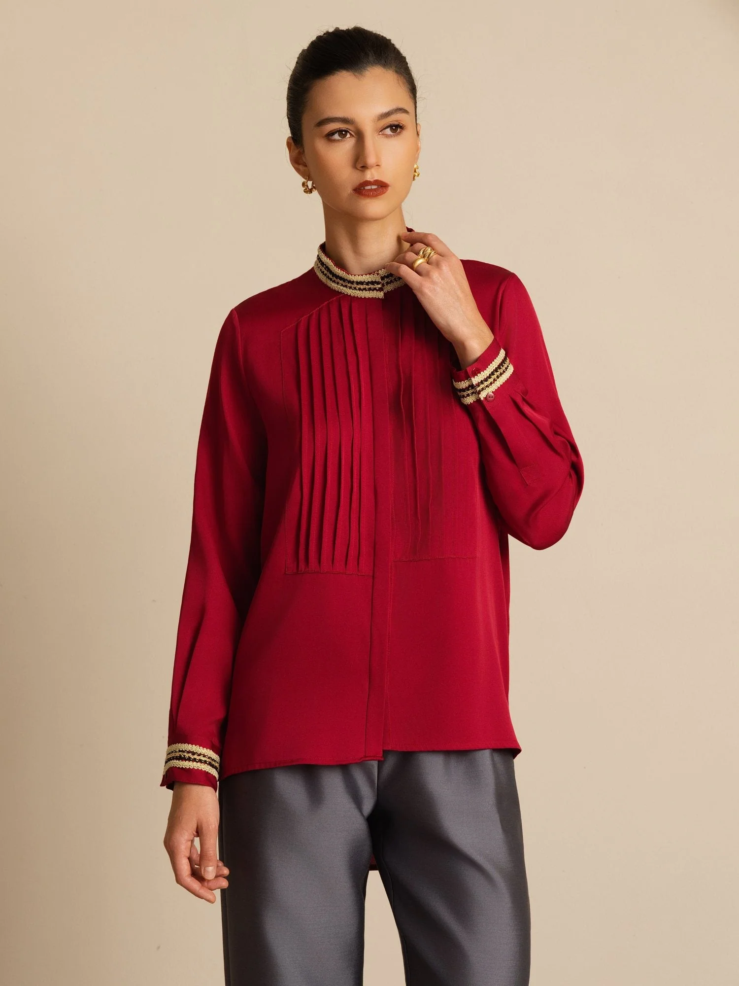 19Momme Silk Women's Pleated Stand Collar Blouse - Image 18
