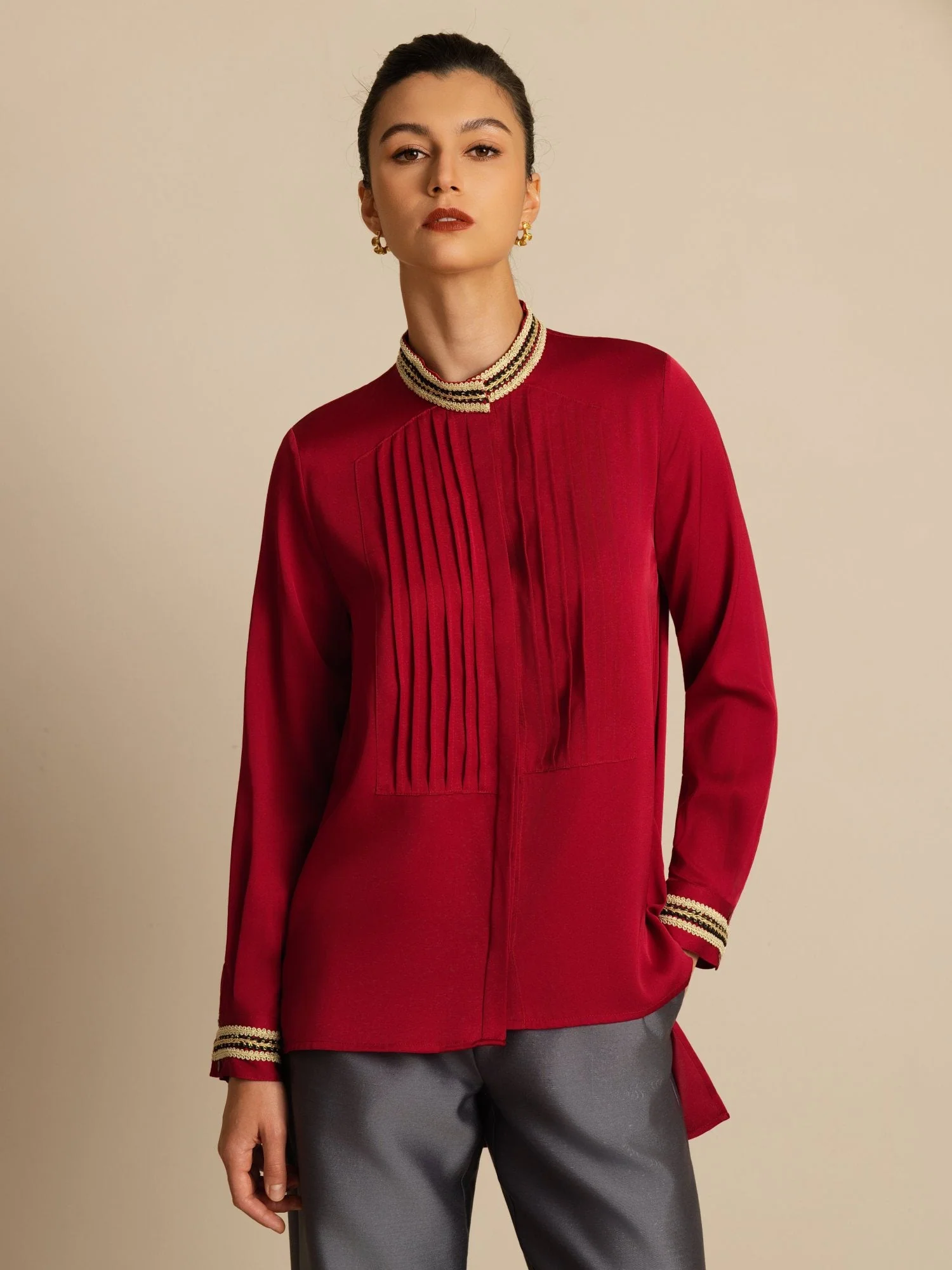 19Momme Silk Women's Pleated Stand Collar Blouse - Image 19
