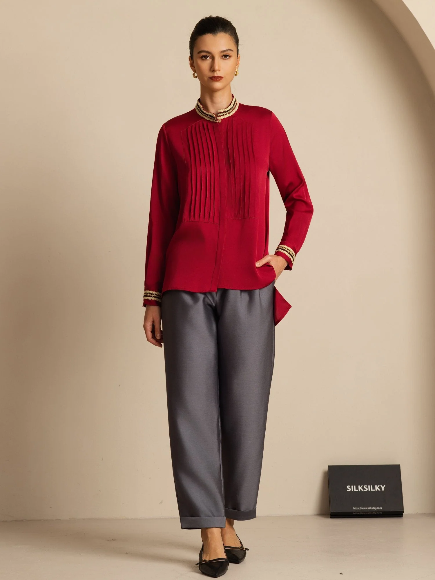 19Momme Silk Women's Pleated Stand Collar Blouse - Image 22