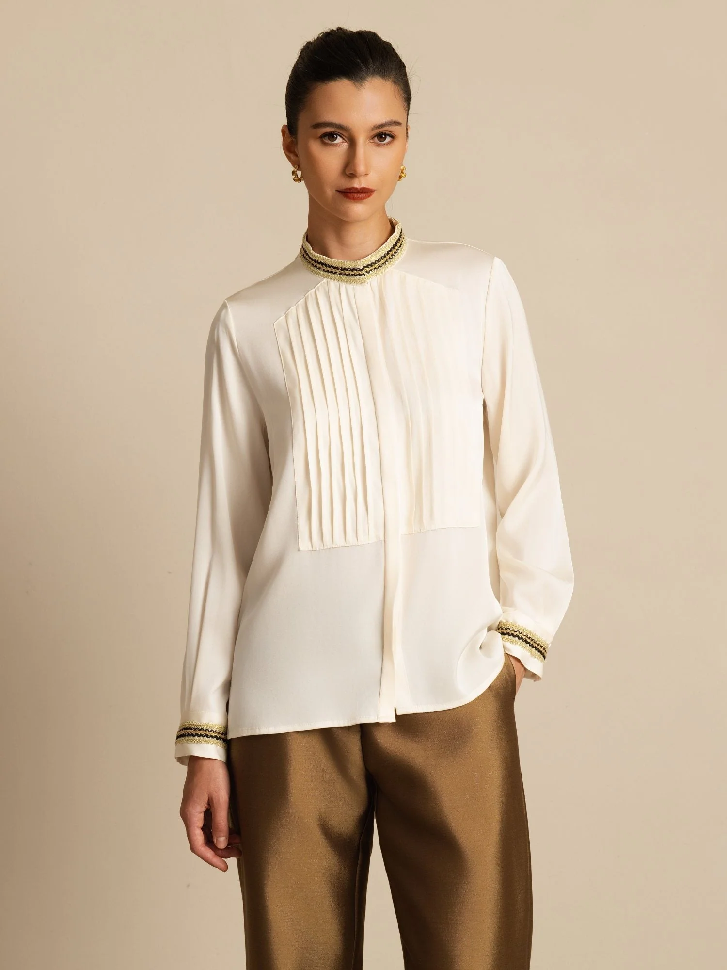 19Momme Silk Women's Pleated Stand Collar Blouse - Image 3