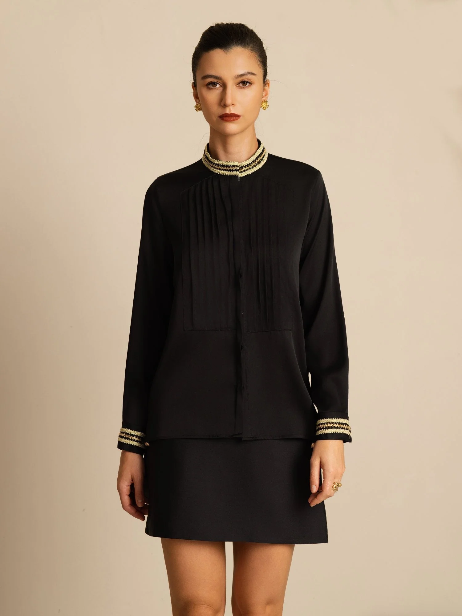 19Momme Silk Women's Pleated Stand Collar Blouse - Image 9