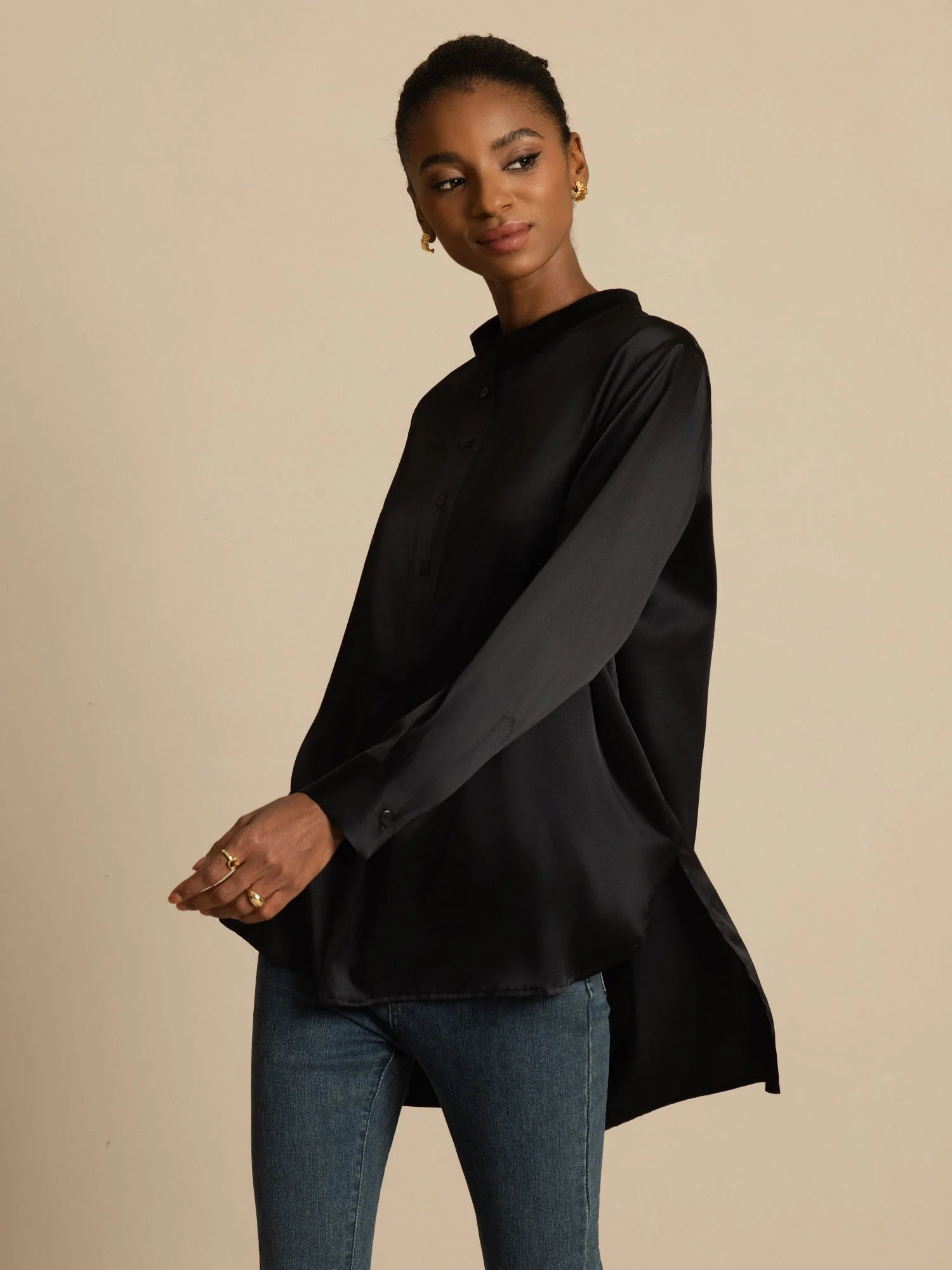 19Momme Silk Women’s Stand Collar High-Low Blouse With Button Detail - Image 19