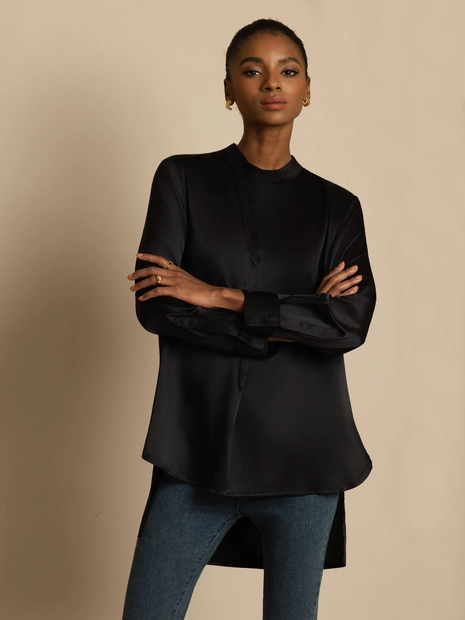 19Momme Silk Women’s Stand Collar High-Low Blouse With Button Detail - Image 20