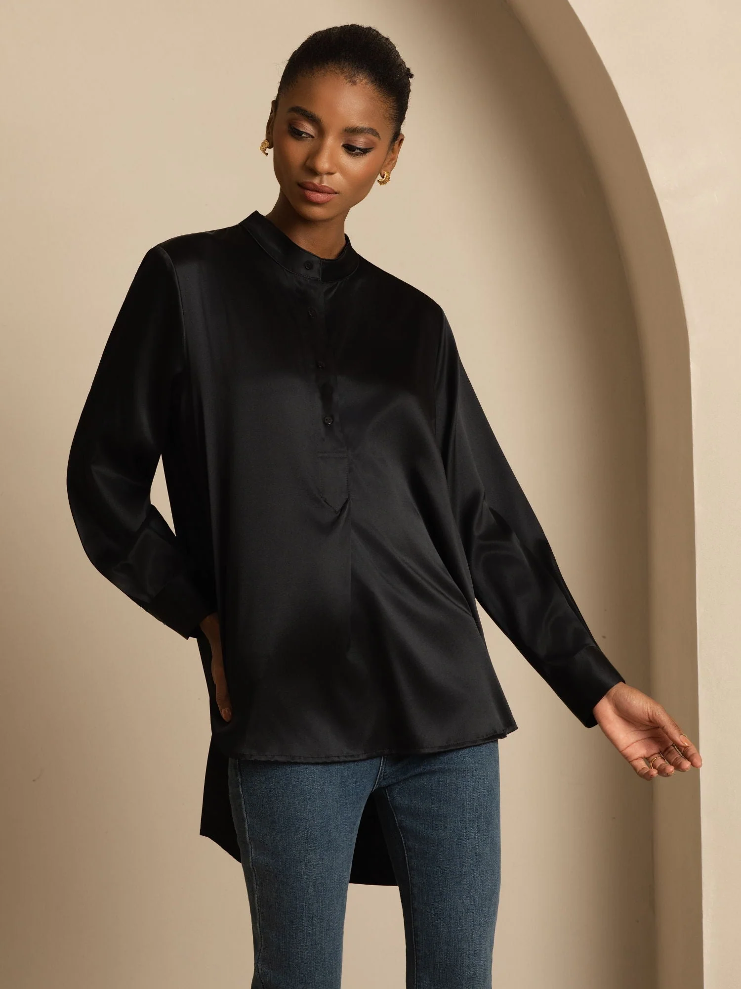 19Momme Silk Women’s Stand Collar High-Low Blouse With Button Detail - Image 21