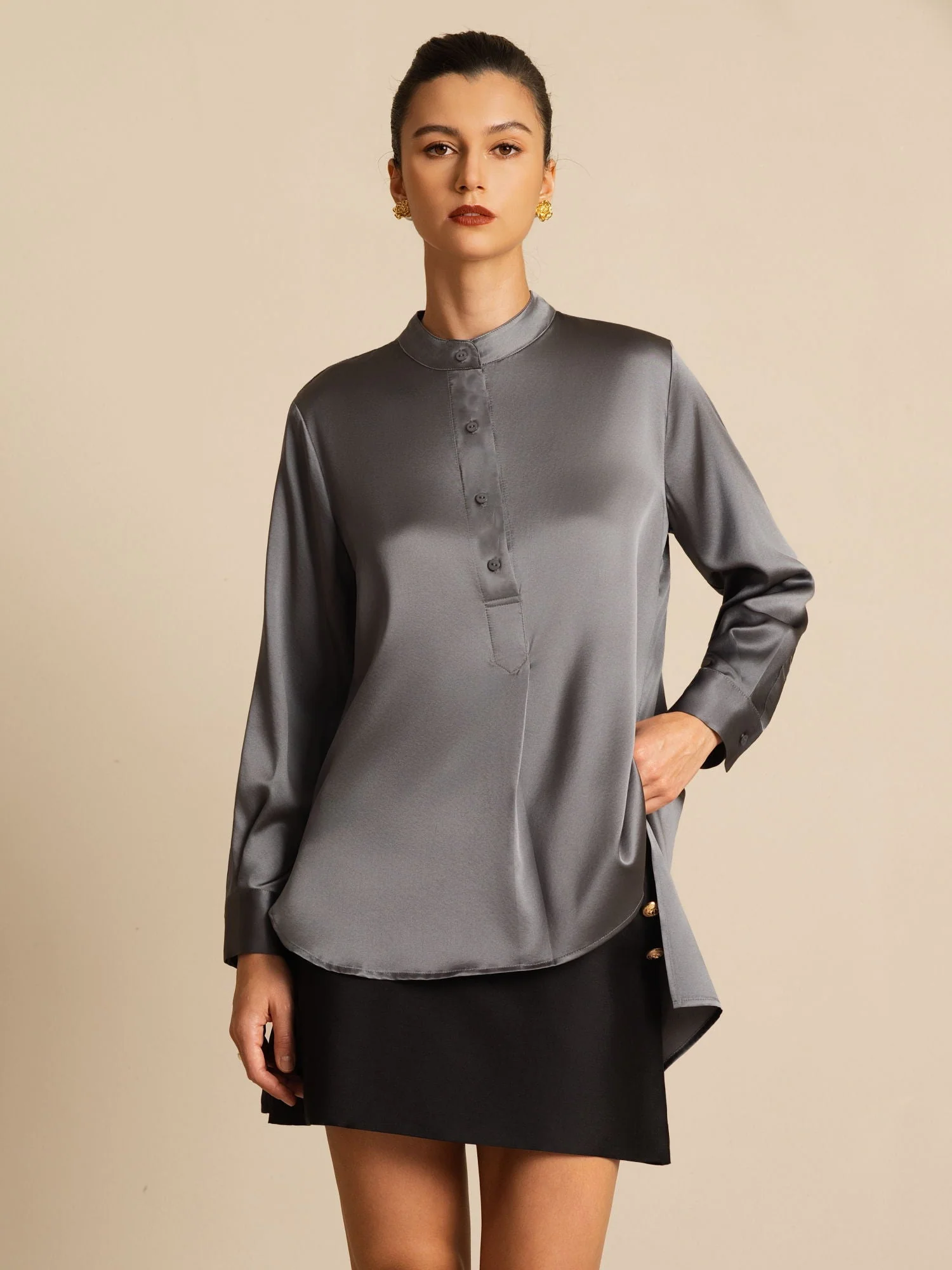 19Momme Silk Women’s Stand Collar High-Low Blouse With Button Detail - Image 23
