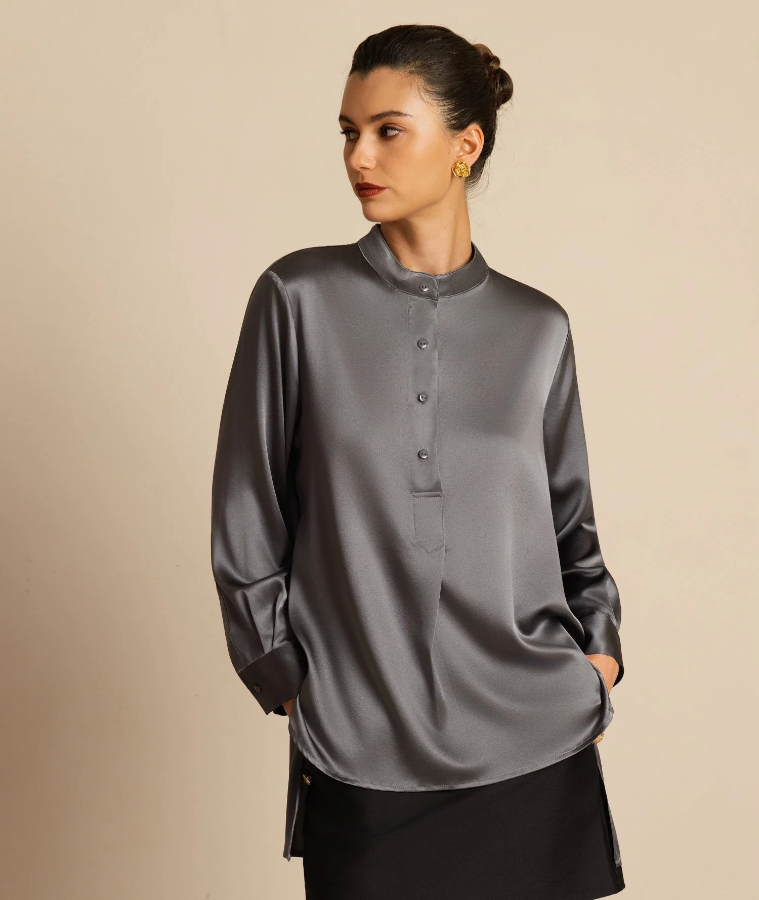 19Momme Silk Women’s Stand Collar High-Low Blouse With Button Detail - Image 25