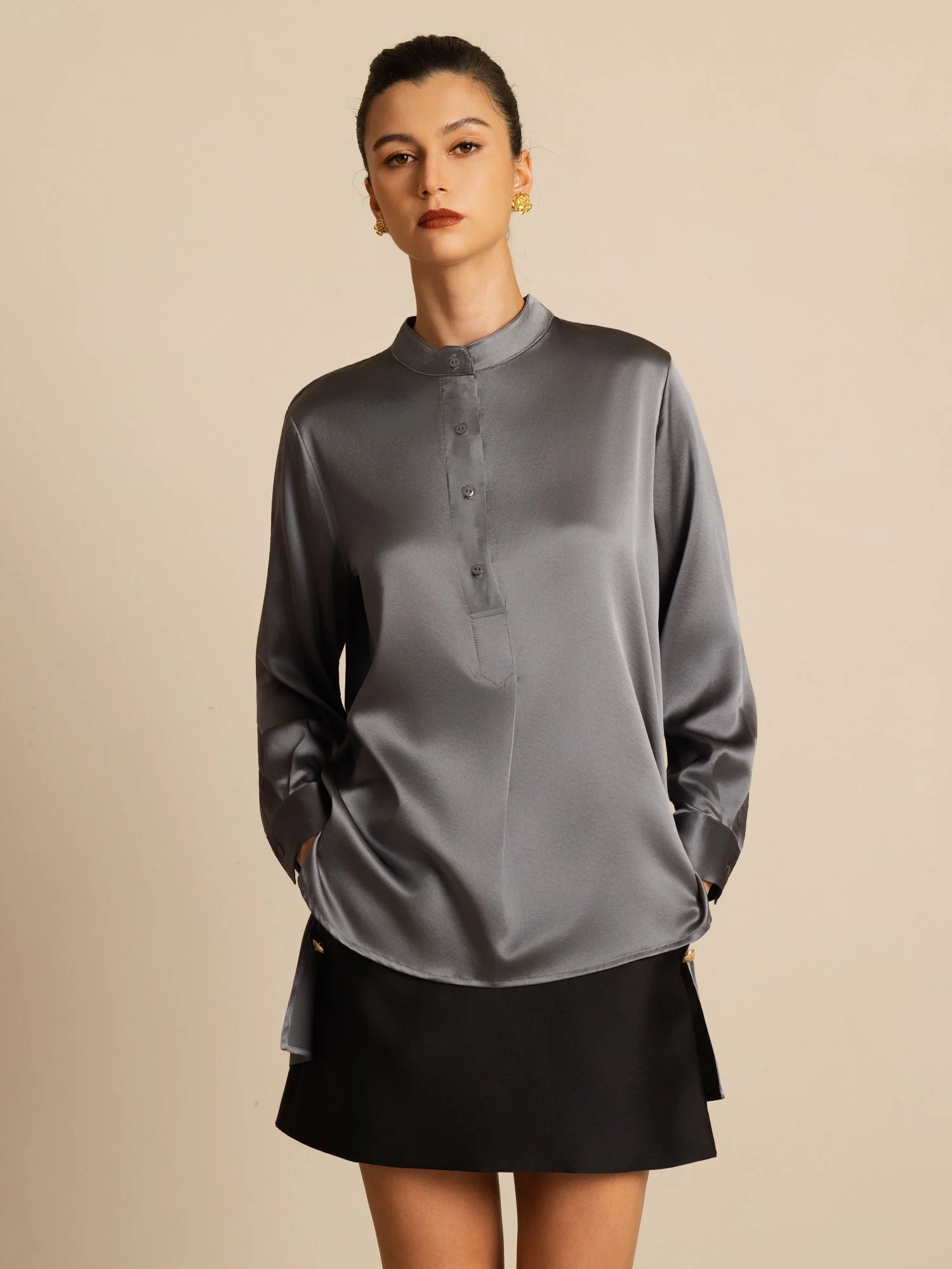 19Momme Silk Women’s Stand Collar High-Low Blouse With Button Detail - Image 26
