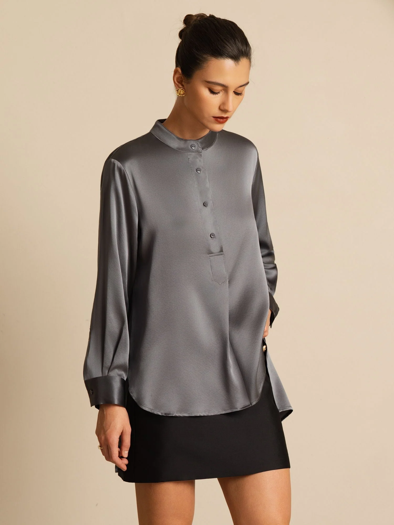 19Momme Silk Women’s Stand Collar High-Low Blouse With Button Detail - Image 27