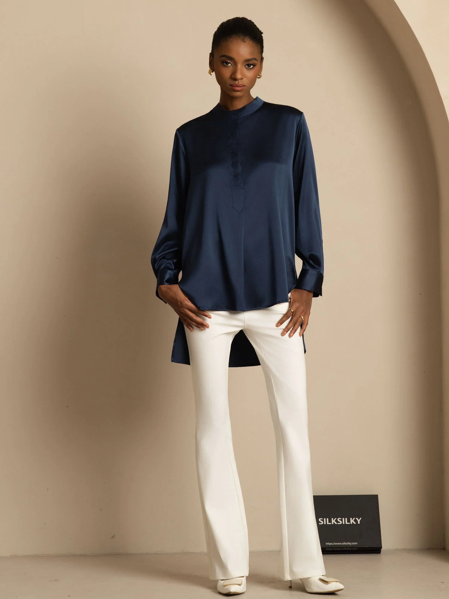 19Momme Silk Women’s Stand Collar High-Low Blouse With Button Detail - Image 8