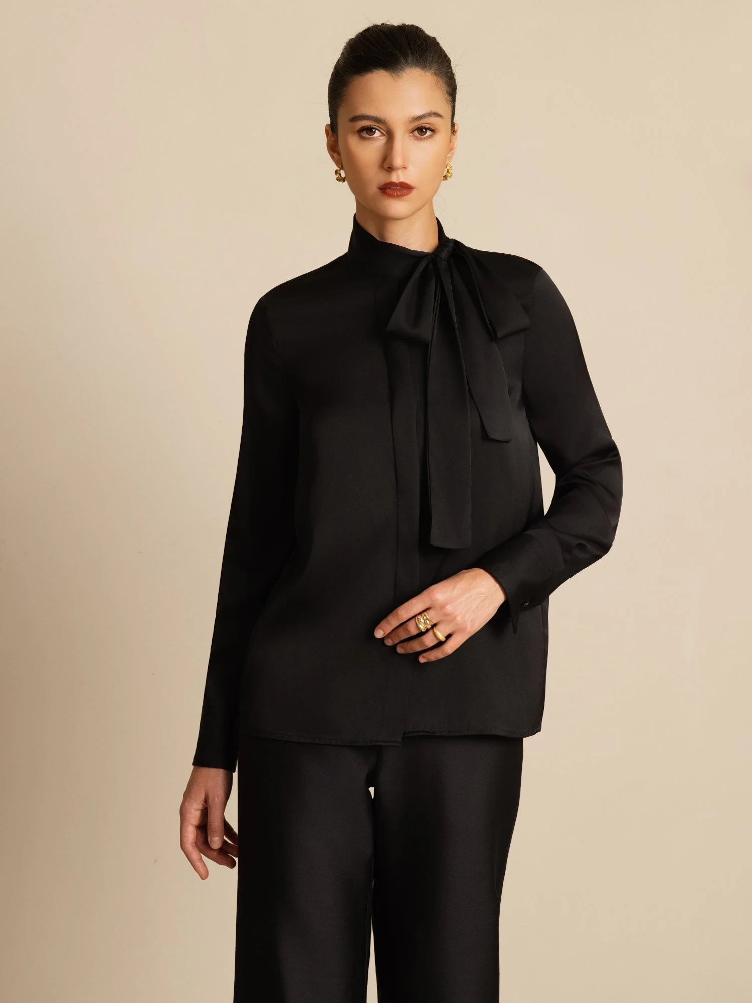 19Momme Silk Women's Tie Neck Long Sleeve Blouse - Image 10